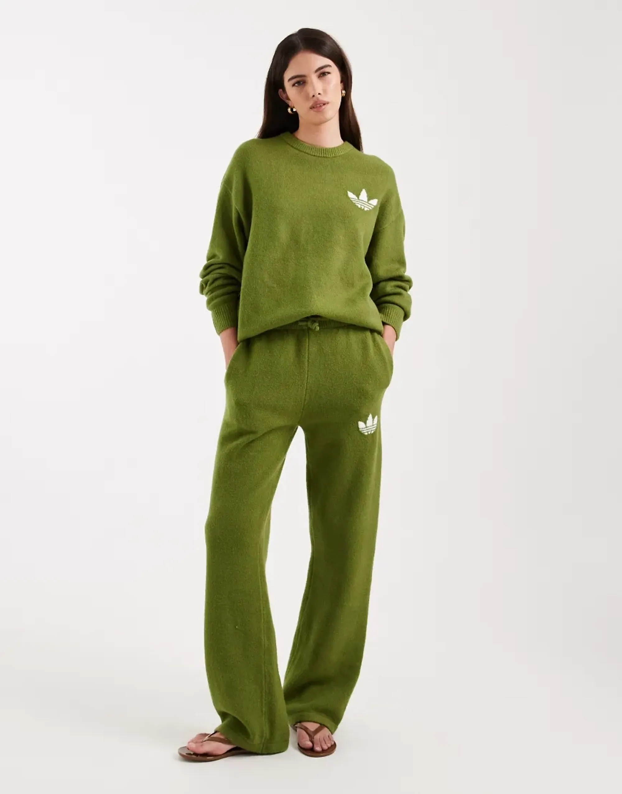 Adidas Originals Knitted Wide Leg Track Pants In Olive Green