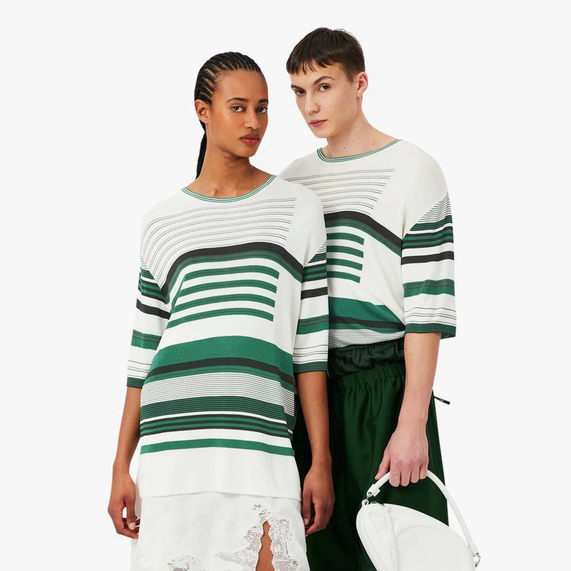 Lacoste Runway Oversized Striped Satin T-shirt - Green / White