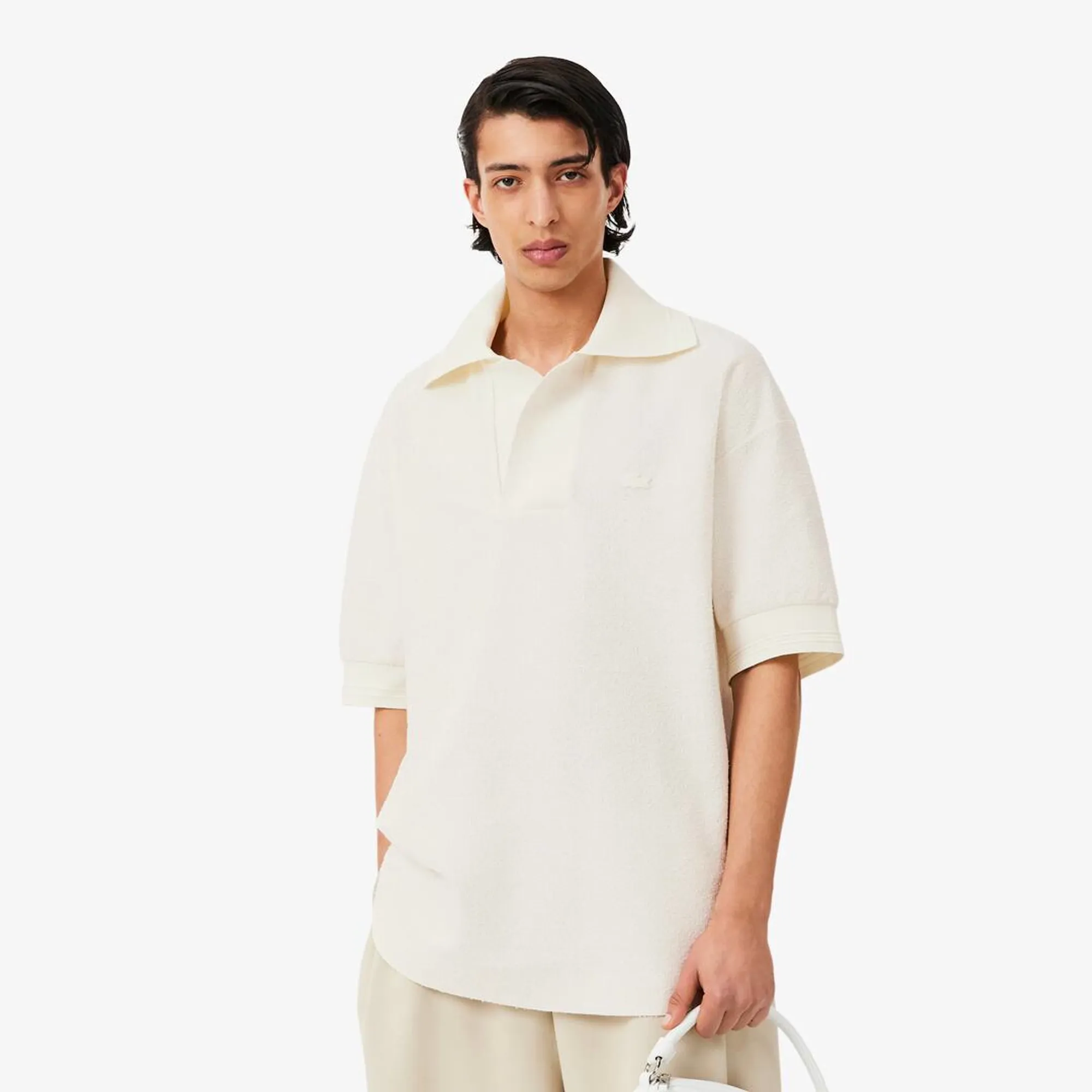 Lacoste Runway Loose Fit Bouclé Knit Polo Shirt - White