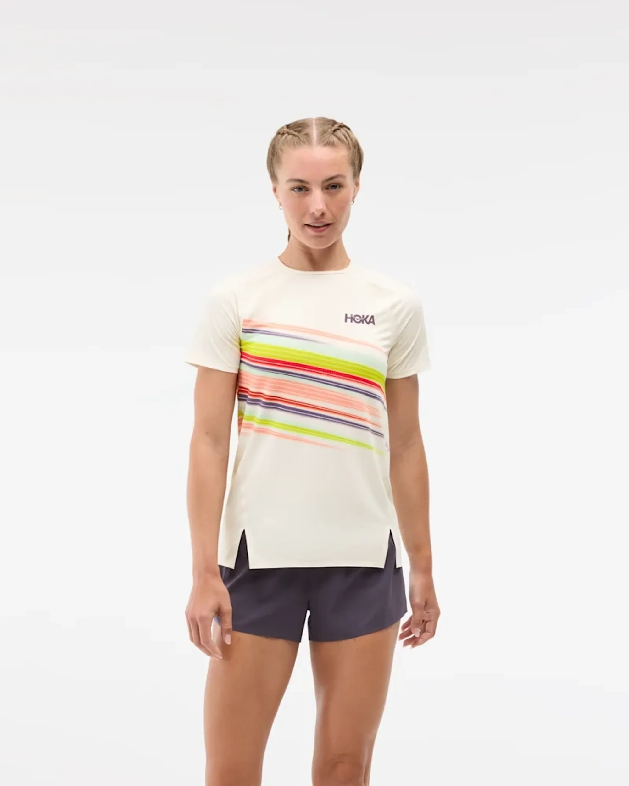 Hoka Women's Race Day Short Sleeve Top In Alabaster Flare