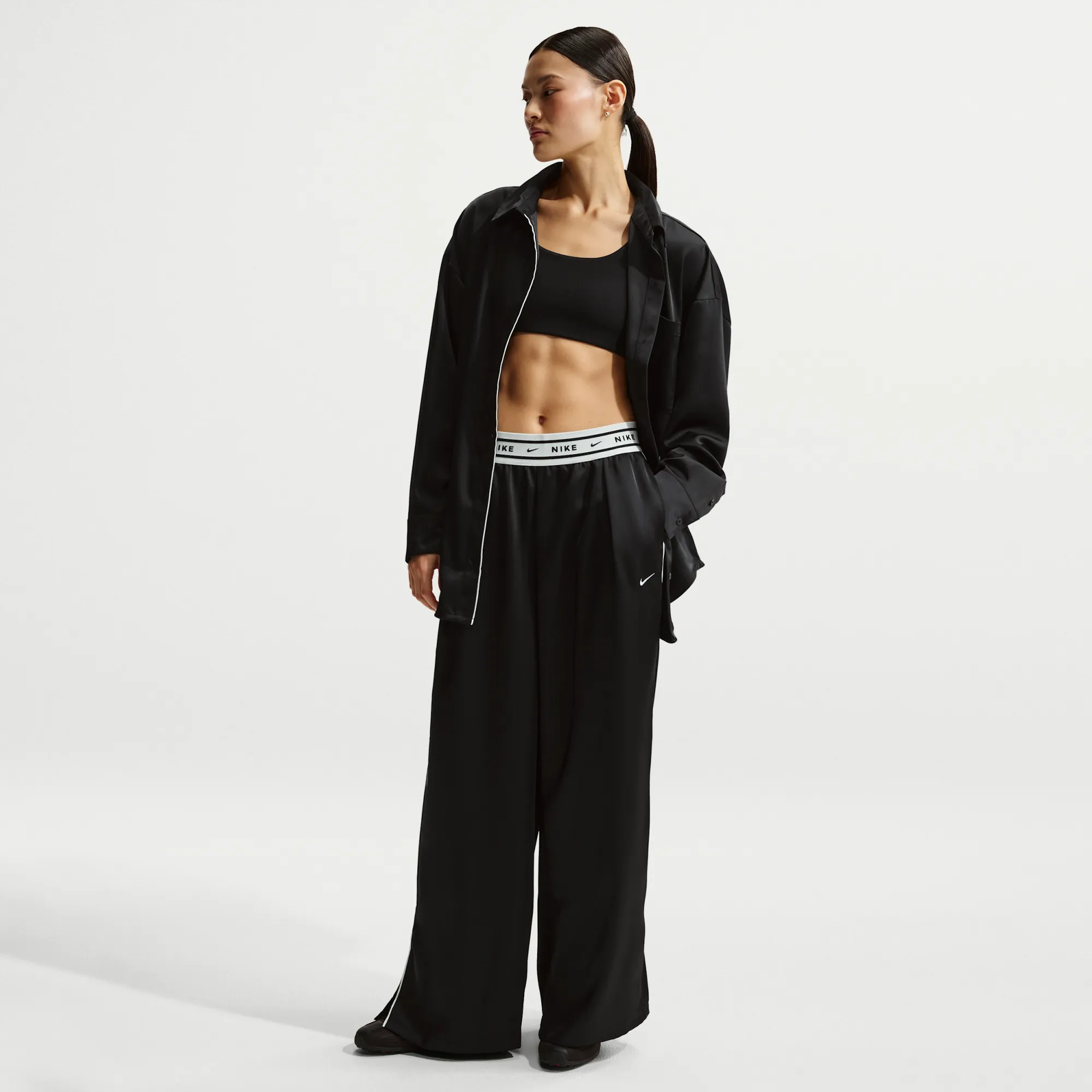Nike Women's Loose Mid-Rise Satin Trousers - Black - Polyester