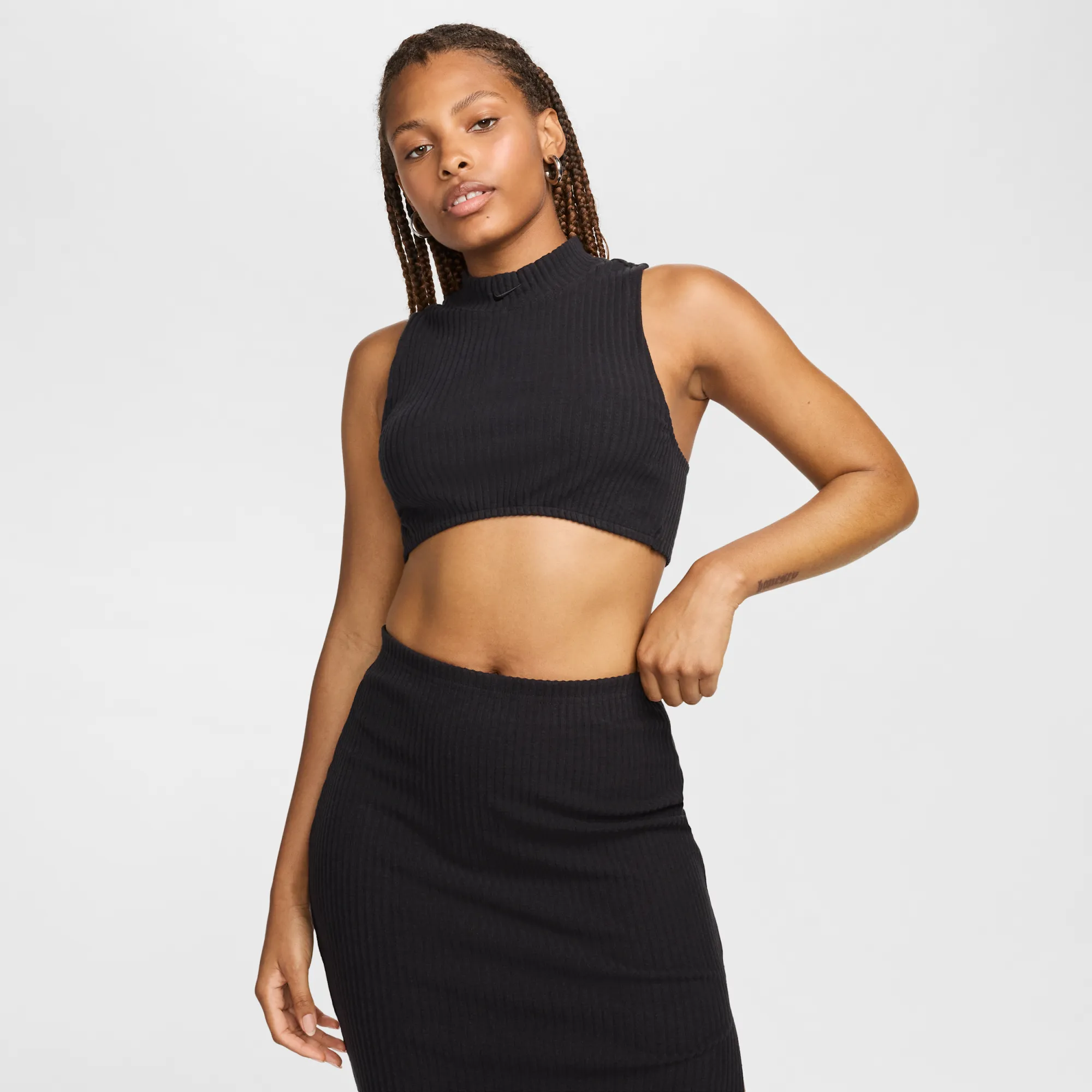 Nike Chill Rib Women's Tight Mock-Neck Cropped Tank Top - Black - Rayon/Acrylic/Cotton