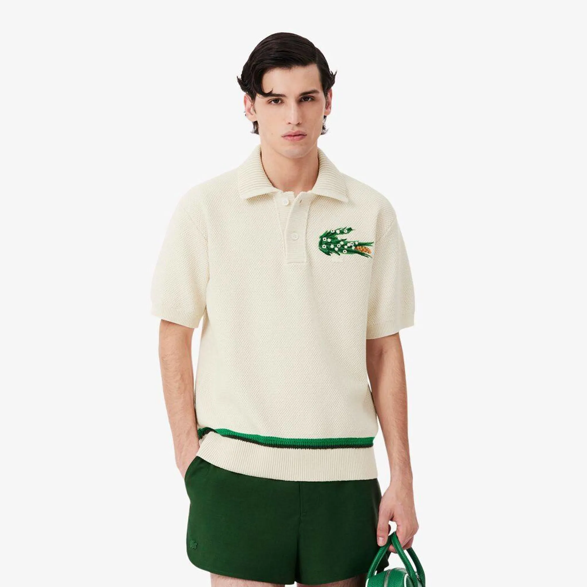 Lacoste Runway Floral Crocodile Polo Collar Piqué Sweater - White