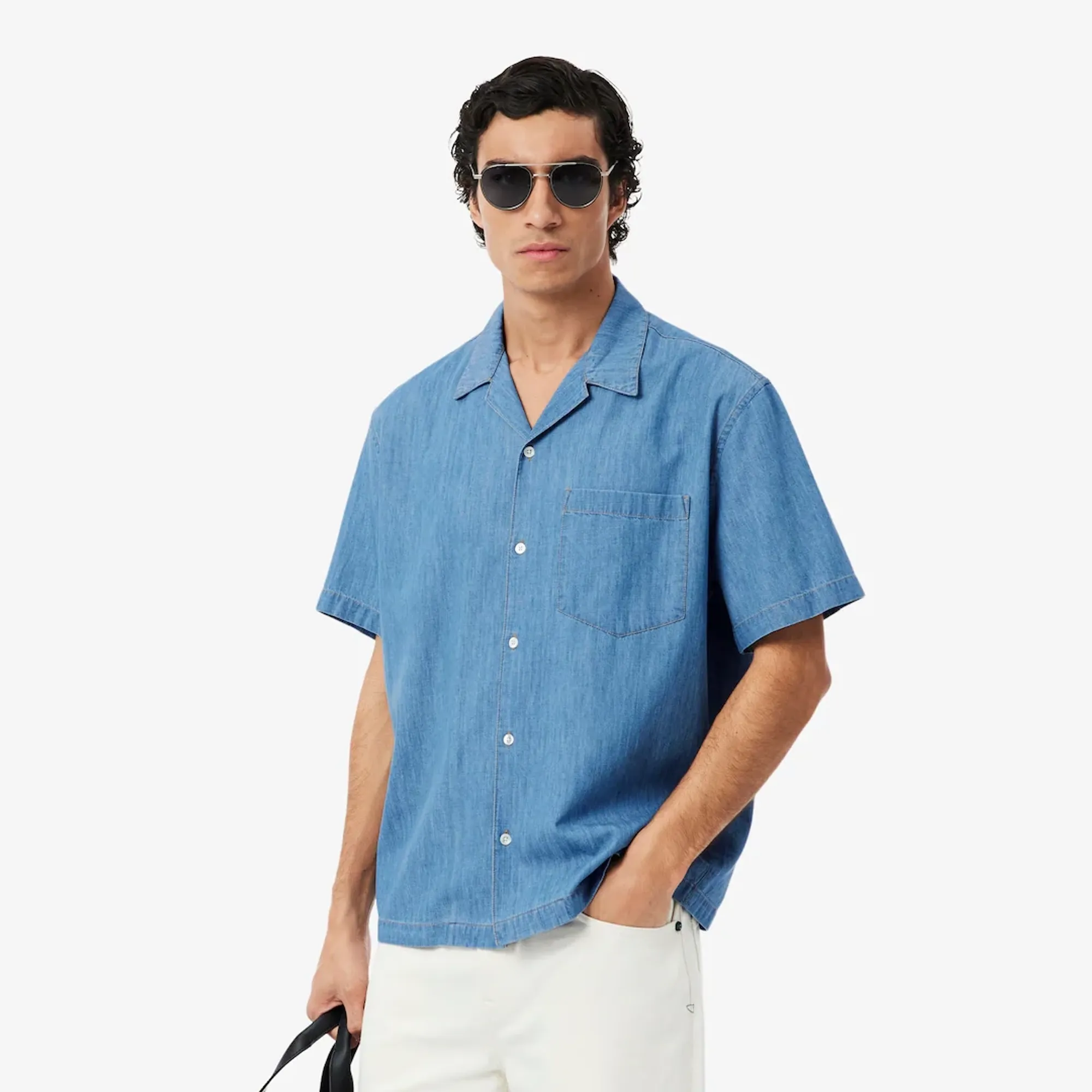 Lacoste Relaxed Fit Open Neck Denim Shirt - Blue
