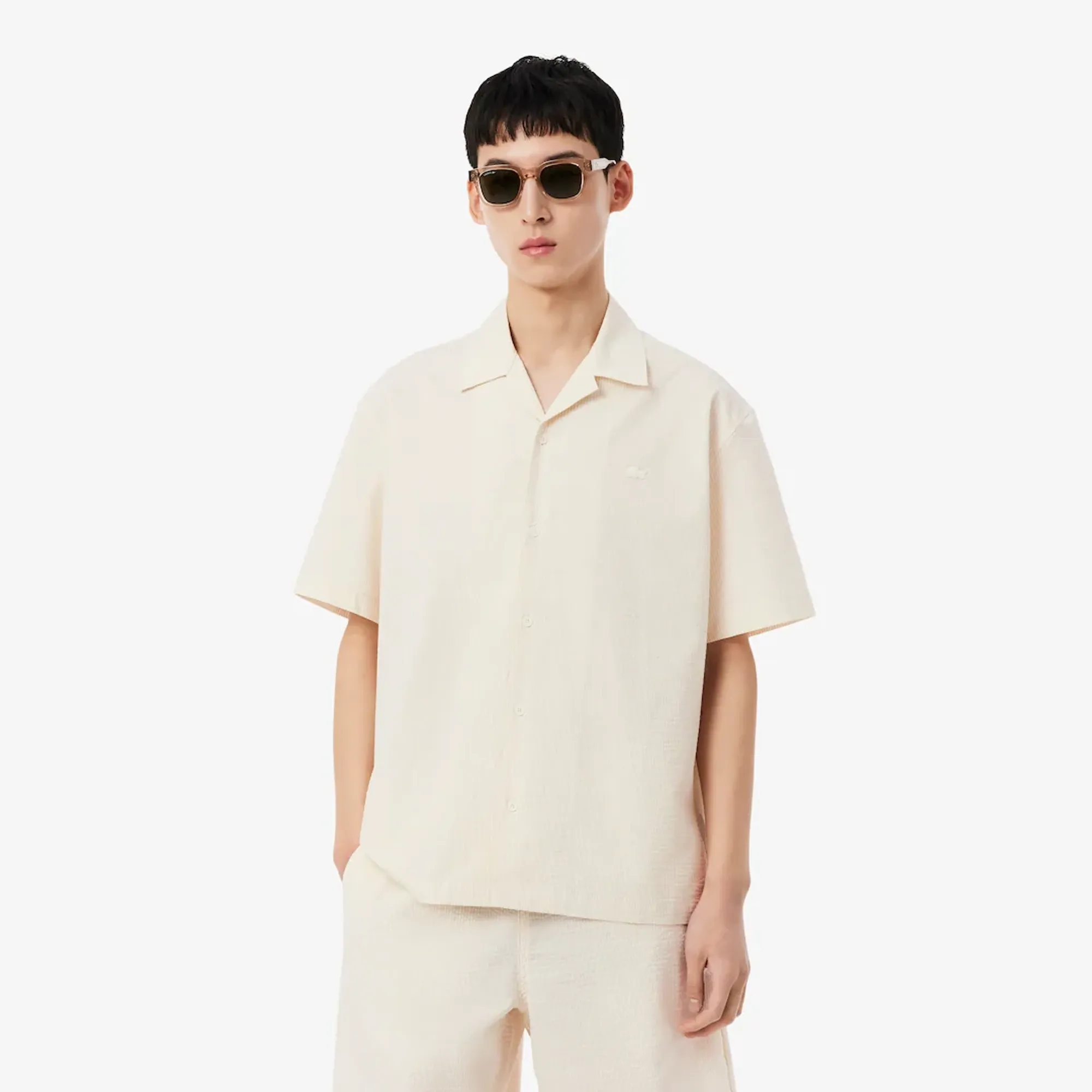 Lacoste Relaxed Fit Seersucker Shirt - Blanc / Beige
