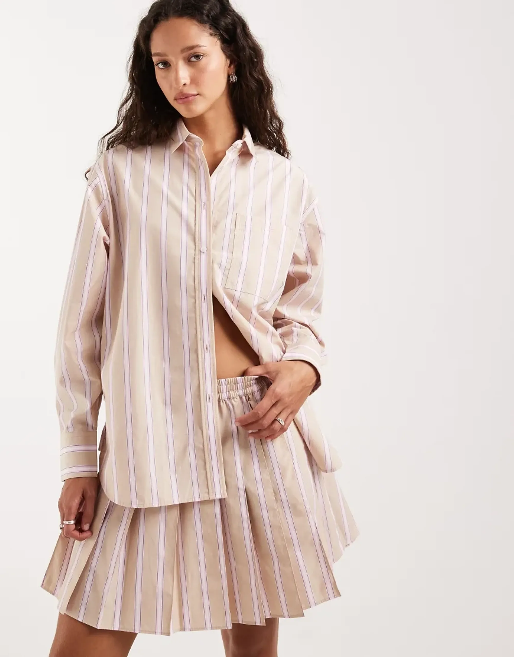 Lacoste Oversized Cotton Poplin Shirt - Beige / Rose / Blanc / Bleu Marine