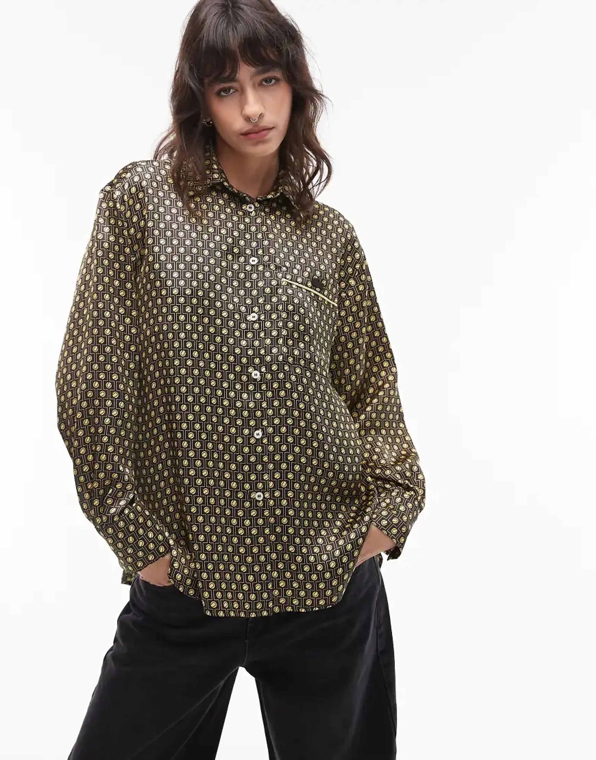 Lacoste Oversized Printed Satin Shirt - Marron / Jaune