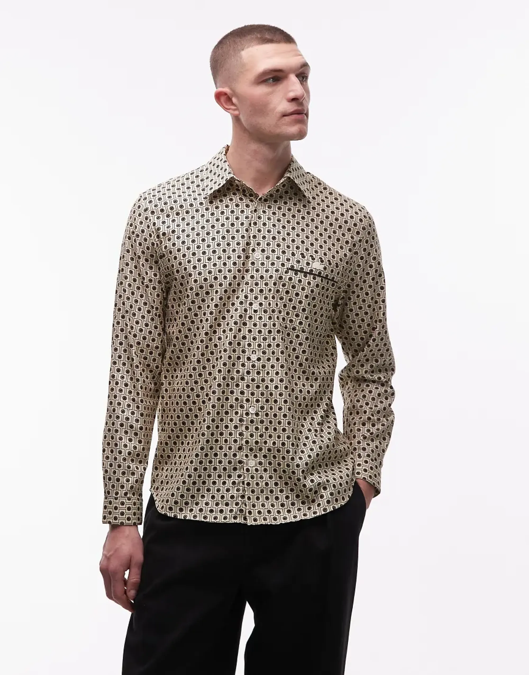 Lacoste Regular Fit Printed Cotton Shirt - Beige / Marron