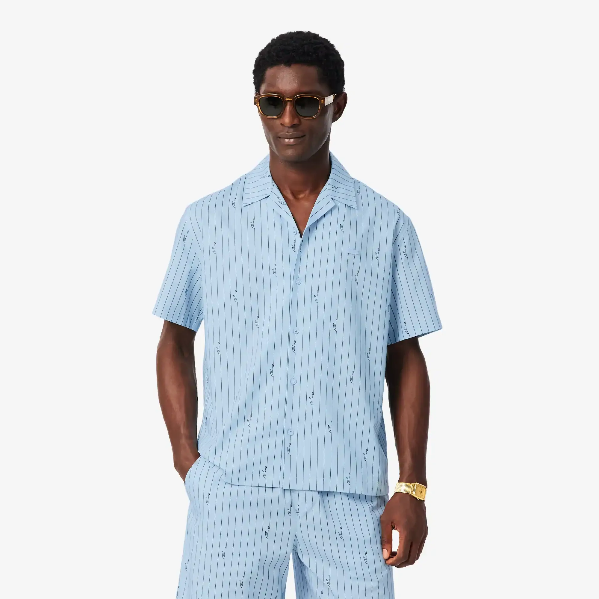 Lacoste Relaxed Fit Print Twill Shirt - Bleu Clair / Marron