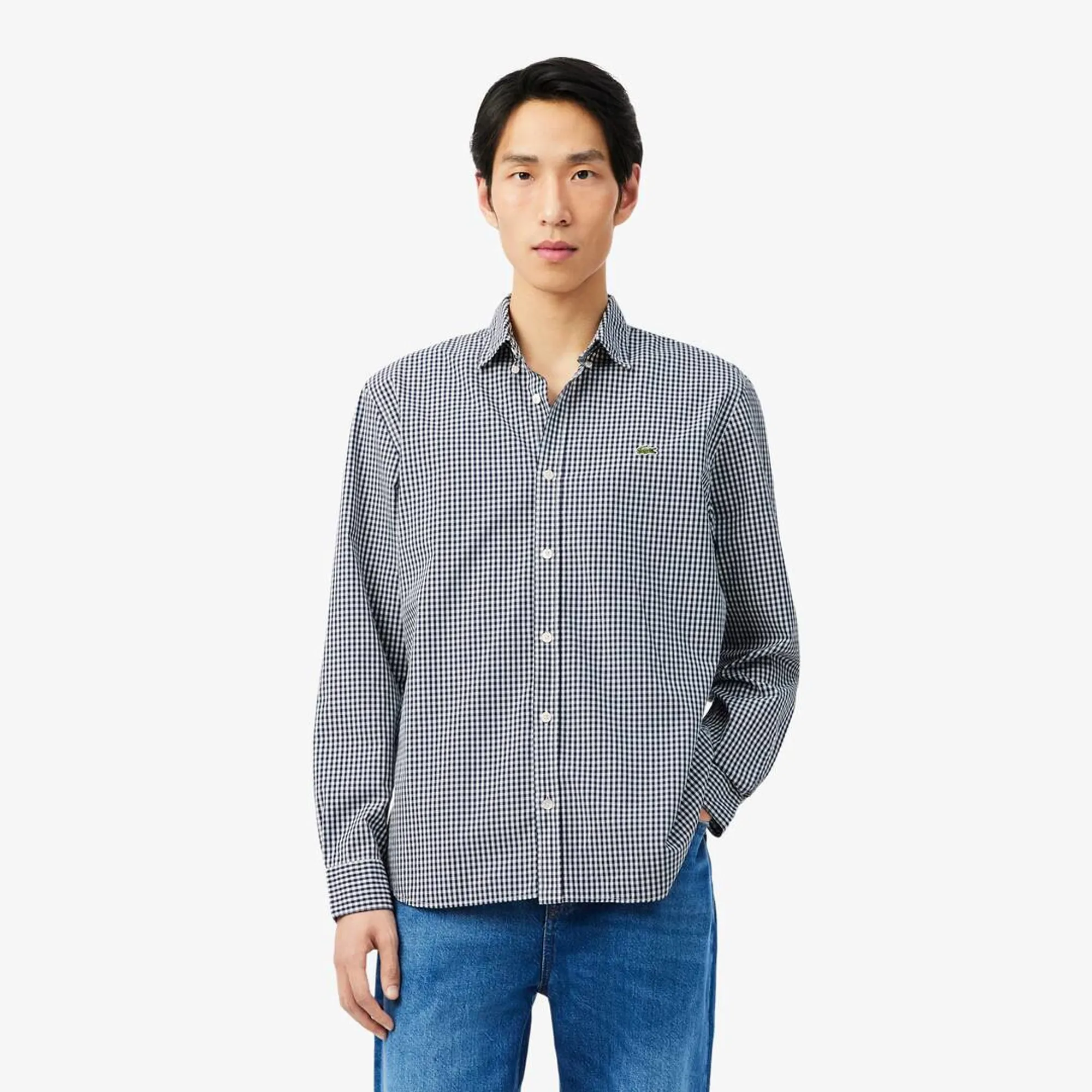 Lacoste Regular Fit Lightweight Poplin Plaid Shirt - White / Navy Blue