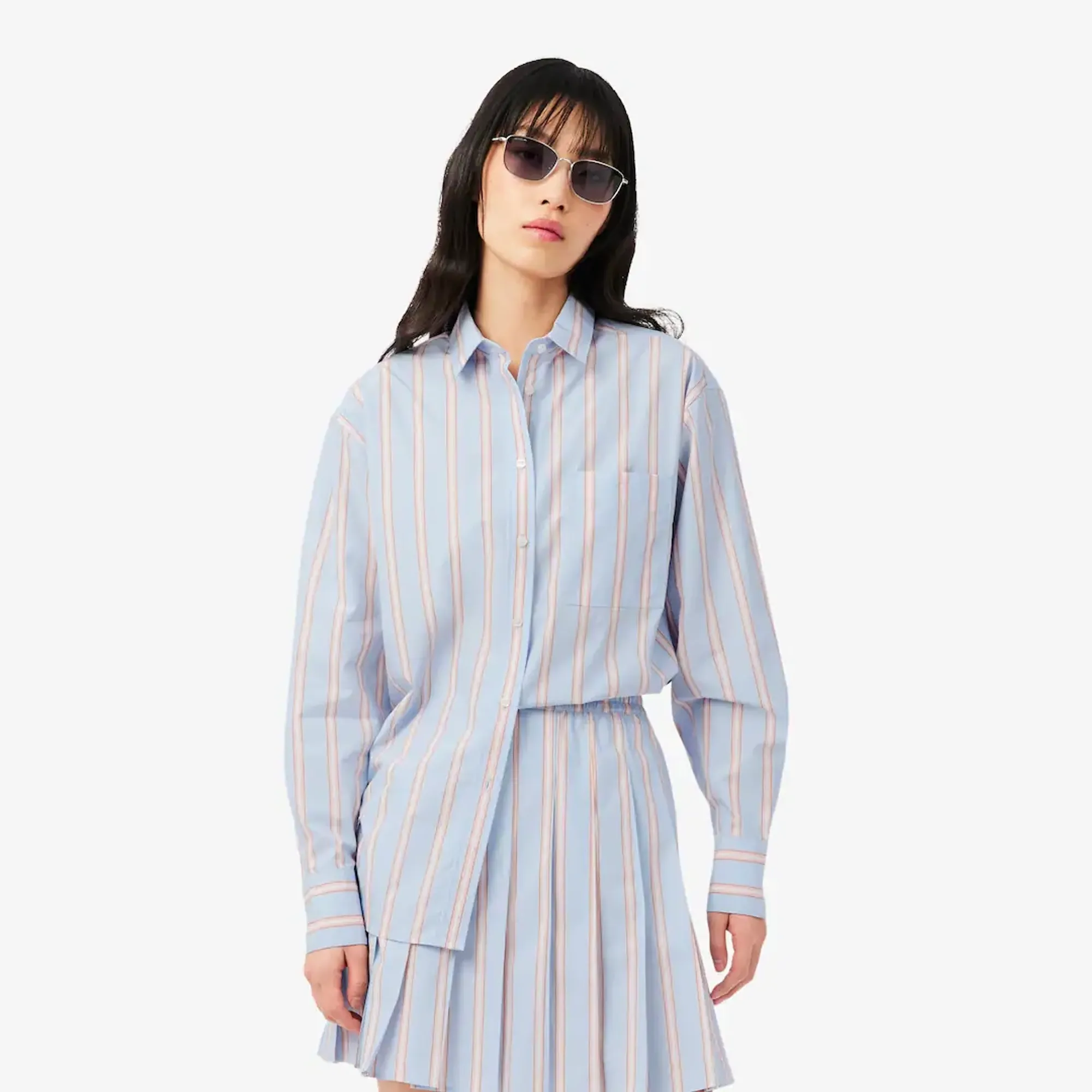 Lacoste Oversized Cotton Poplin Shirt - Bleu Clair / Rose / Blanc / Noir