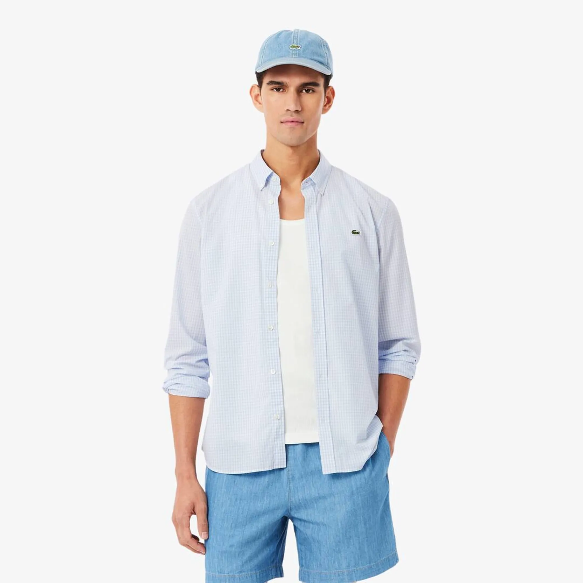 Lacoste Regular Fit Lightweight Poplin Plaid Shirt - White / Light Blue