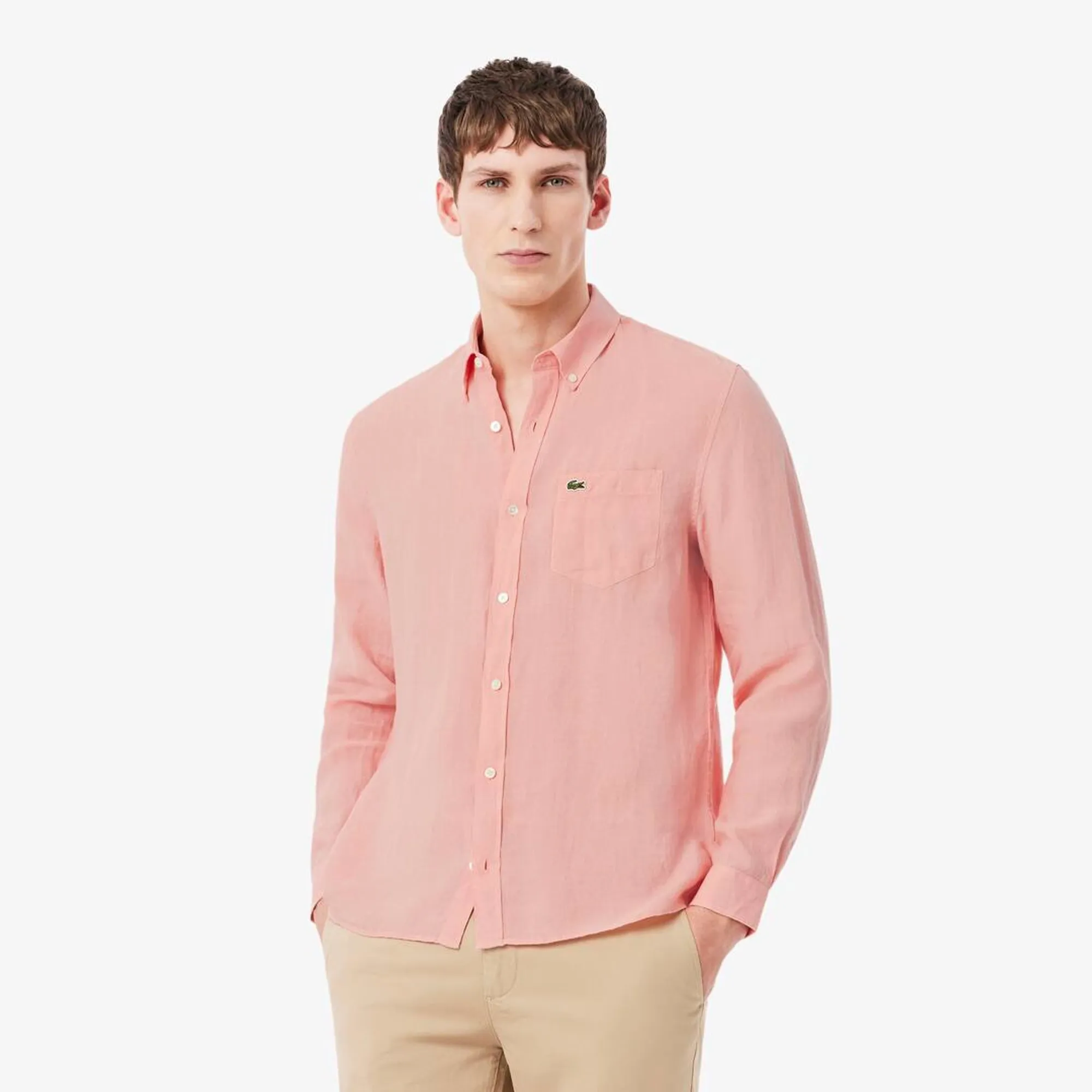 Lacoste Regular Fit Linen Shirt - Coral Pink