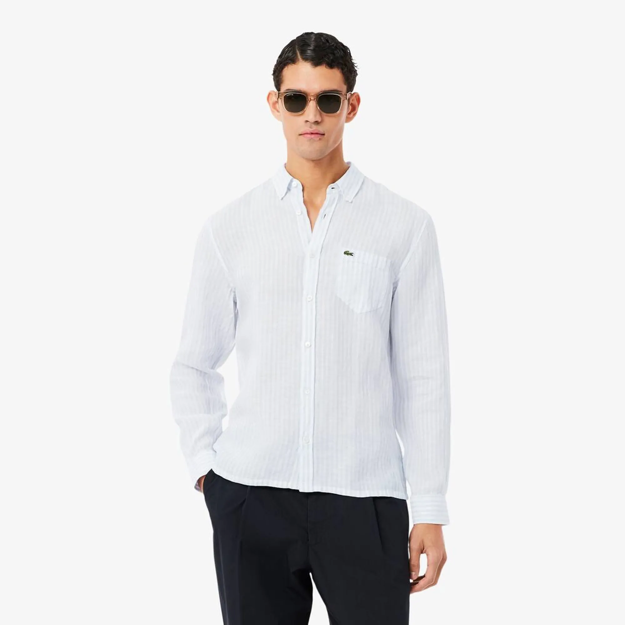 Lacoste Regular Fit Striped Linen Shirt - Bleu Clair / Blanc