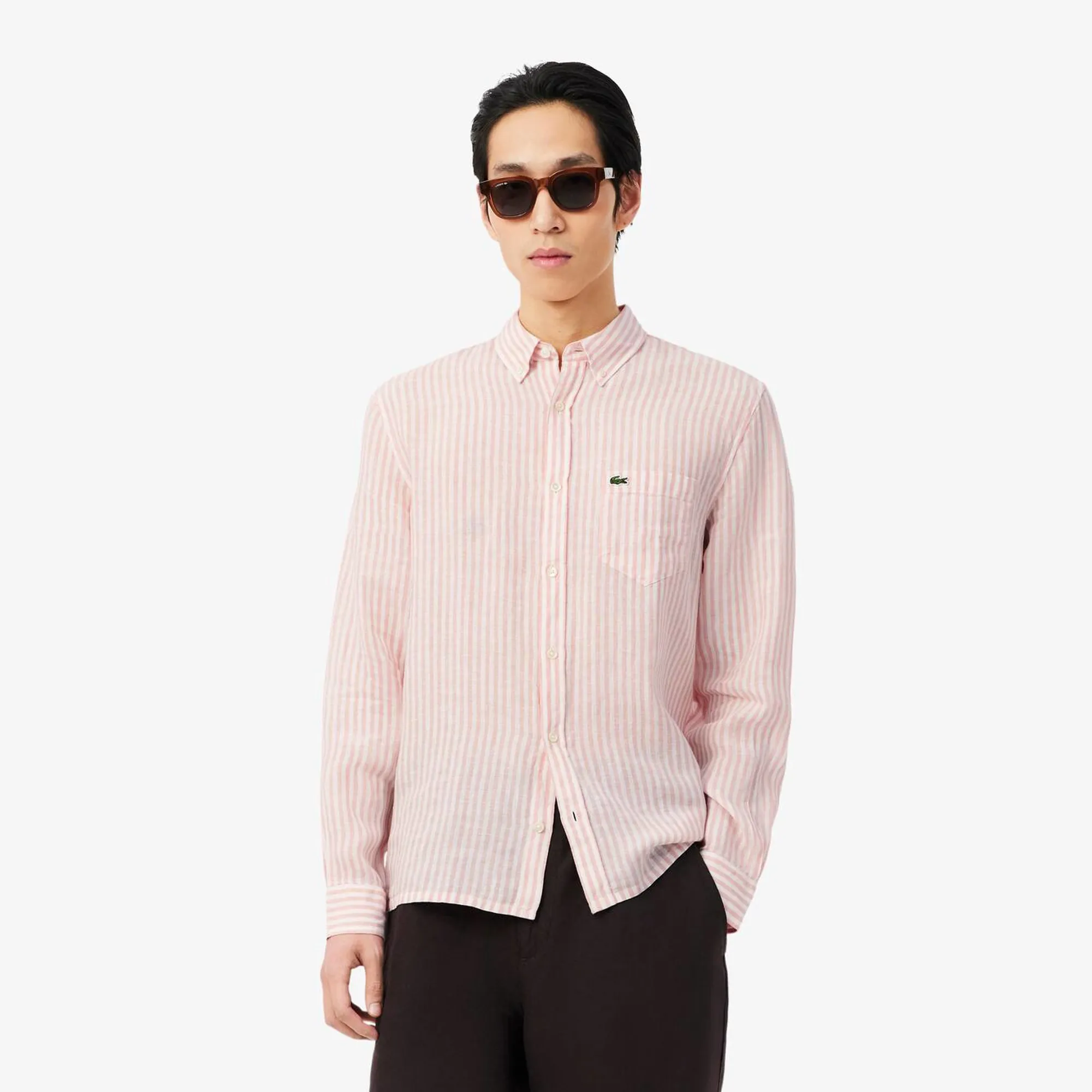 Lacoste Regular Fit Striped Linen Shirt - Rose / Blanc