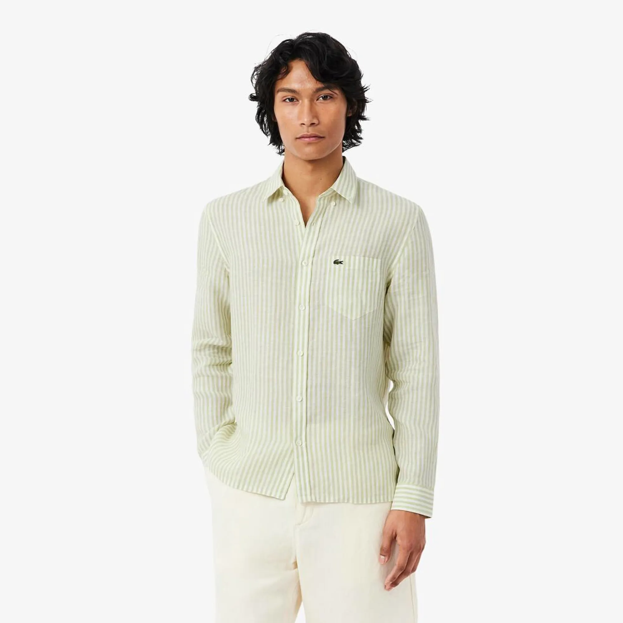 Lacoste Regular Fit Striped Linen Shirt - Vert / Blanc
