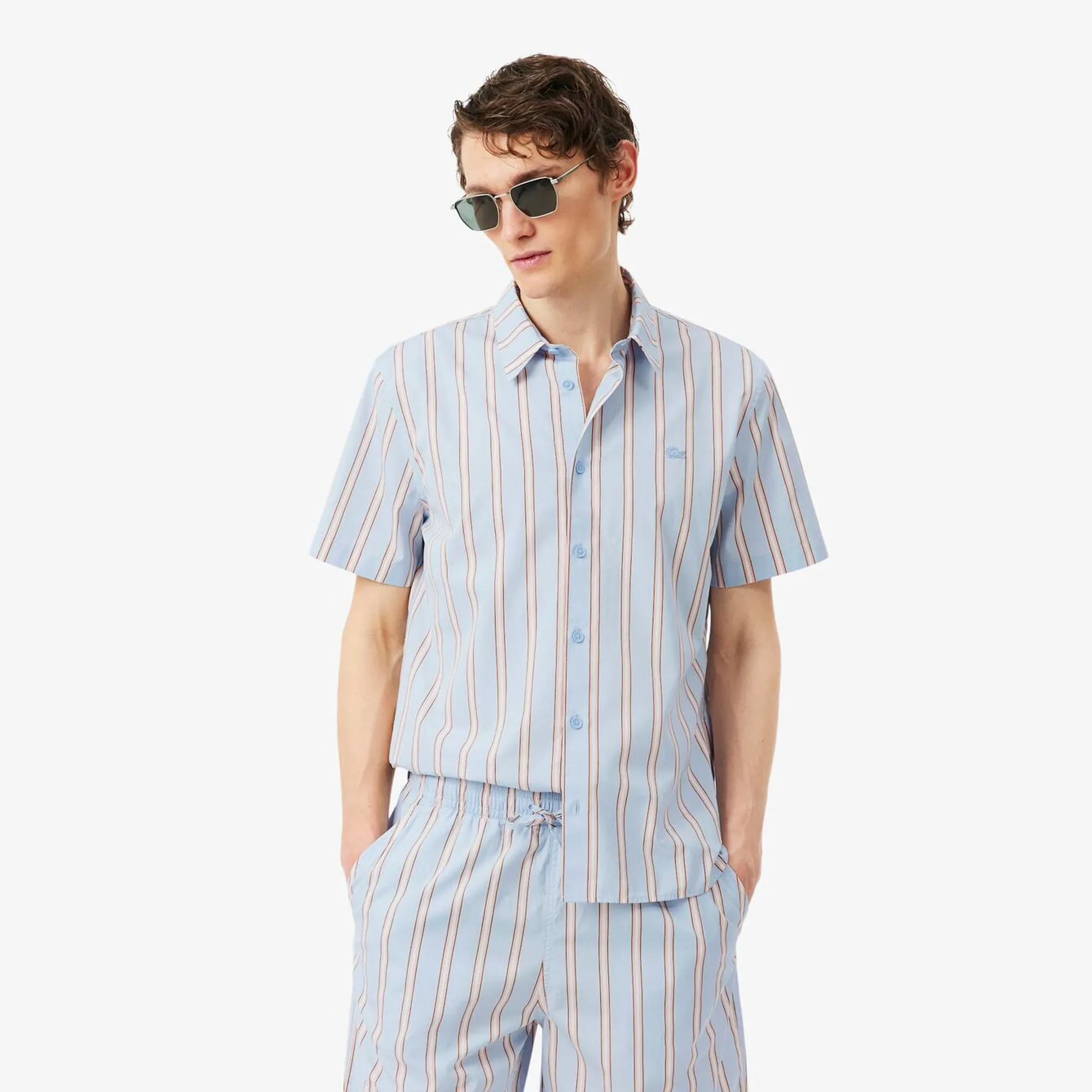Lacoste Regular Fit Striped Poplin Shirt - Bleu Clair / Rose / Noir / Blanc