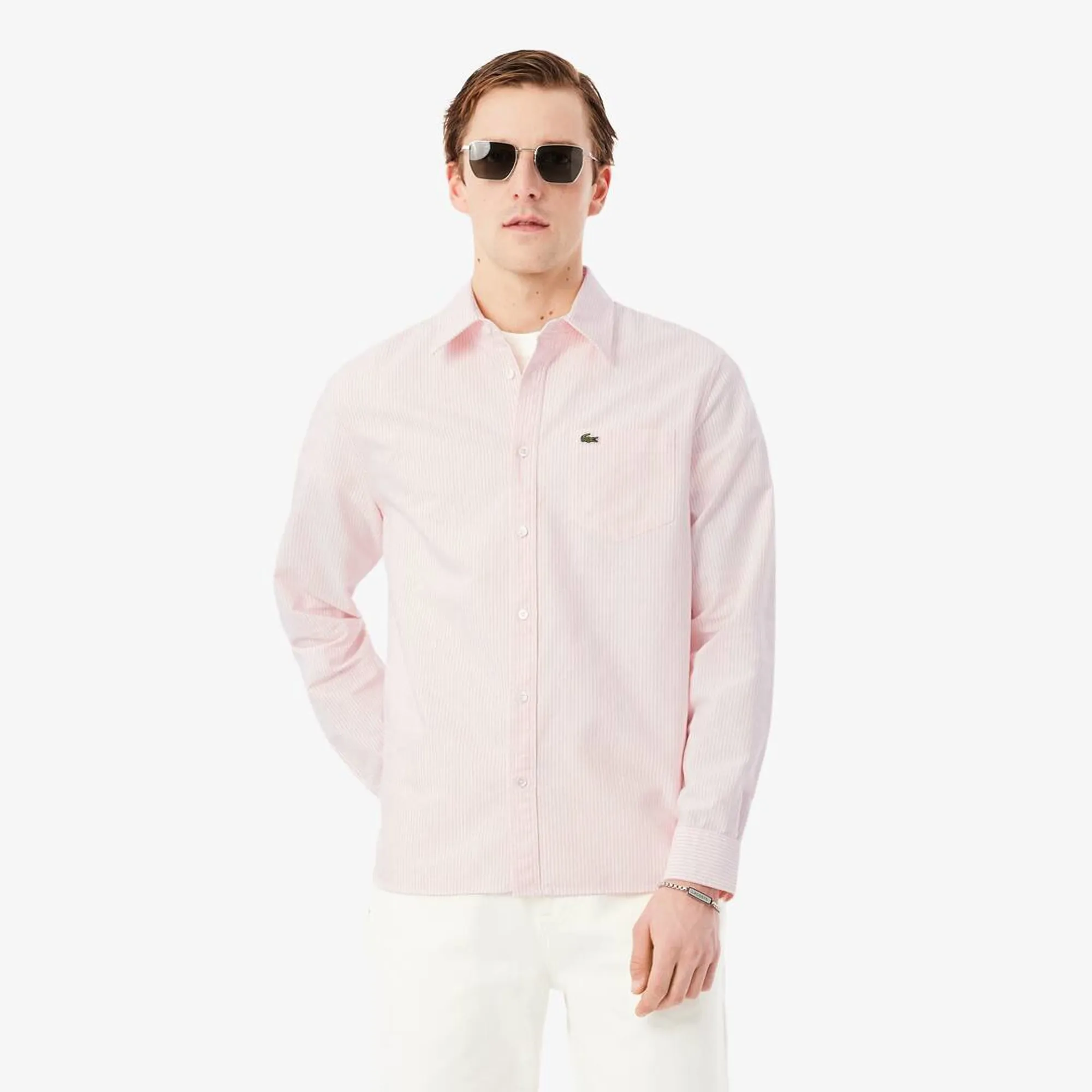 Lacoste Regular Fit Striped Oxford Shirt - Rose / Blanc