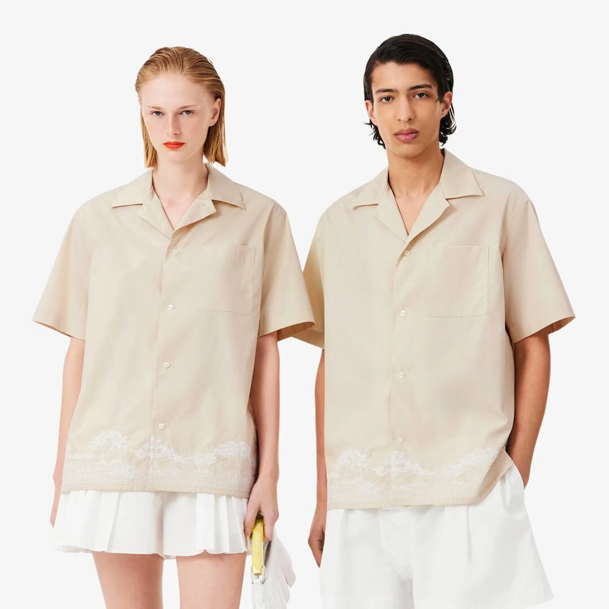Lacoste Runway Relaxed Fit Embroidered Shirt - Beige / White