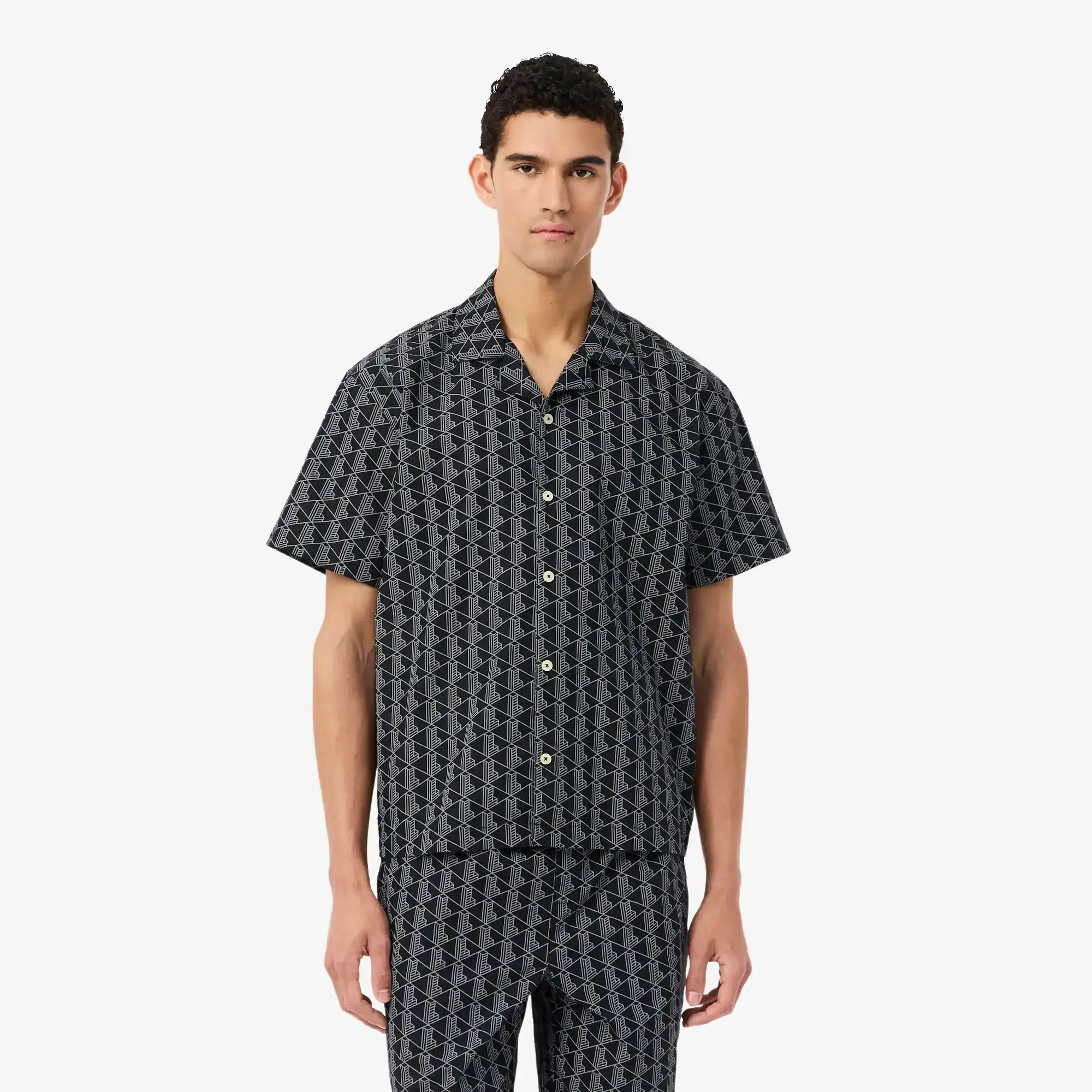 Lacoste Monogram Print Poplin Pajama Shirt - Black / Grey