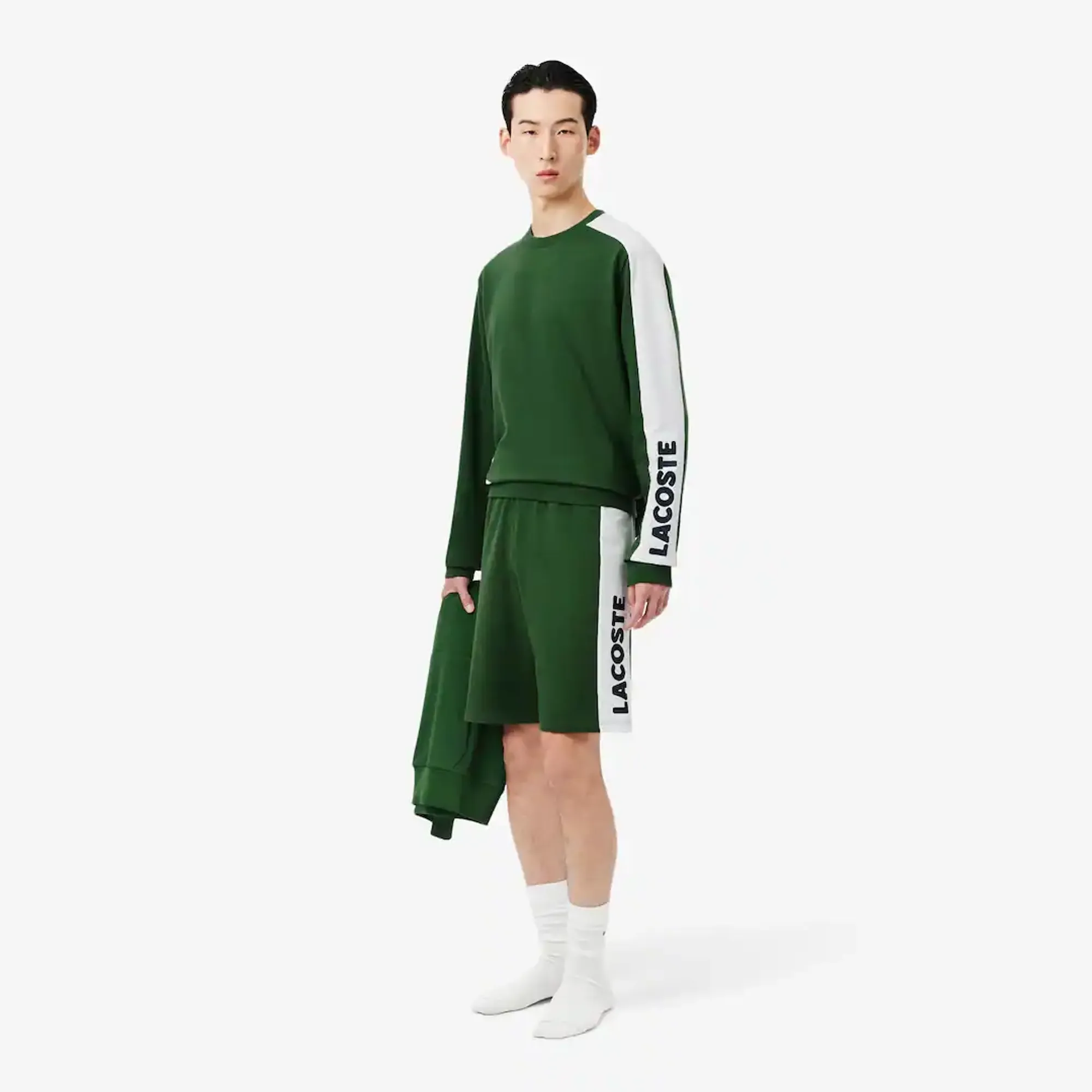Lacoste Straight Cut Fleece Loungewear Shorts - Green / Navy Blue / White