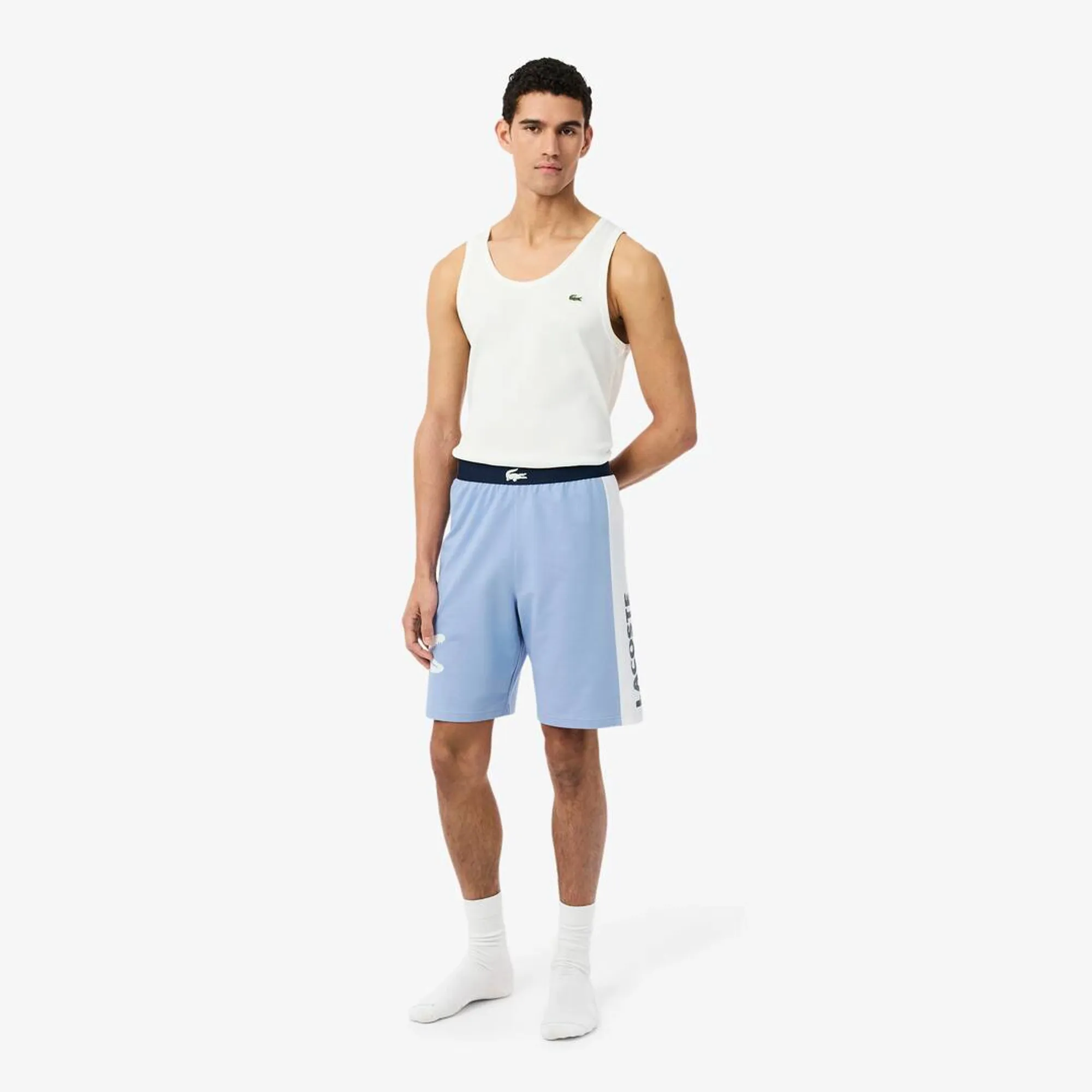 Lacoste Straight Cut Fleece Loungewear Shorts - Bleu Clair / Gris / Blanc