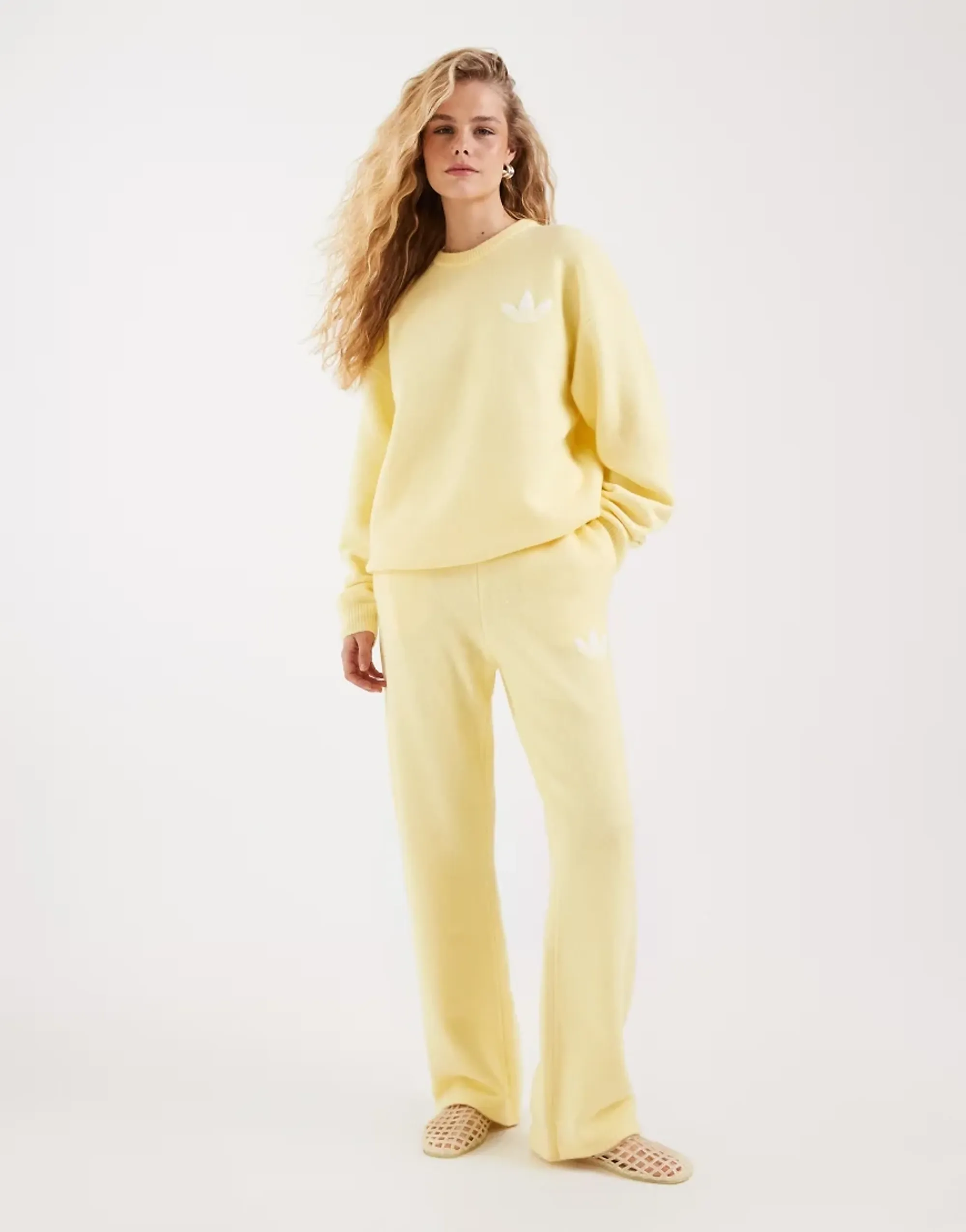 Adidas Originals Knitted Wide Leg Track Pants In Butter Yellow