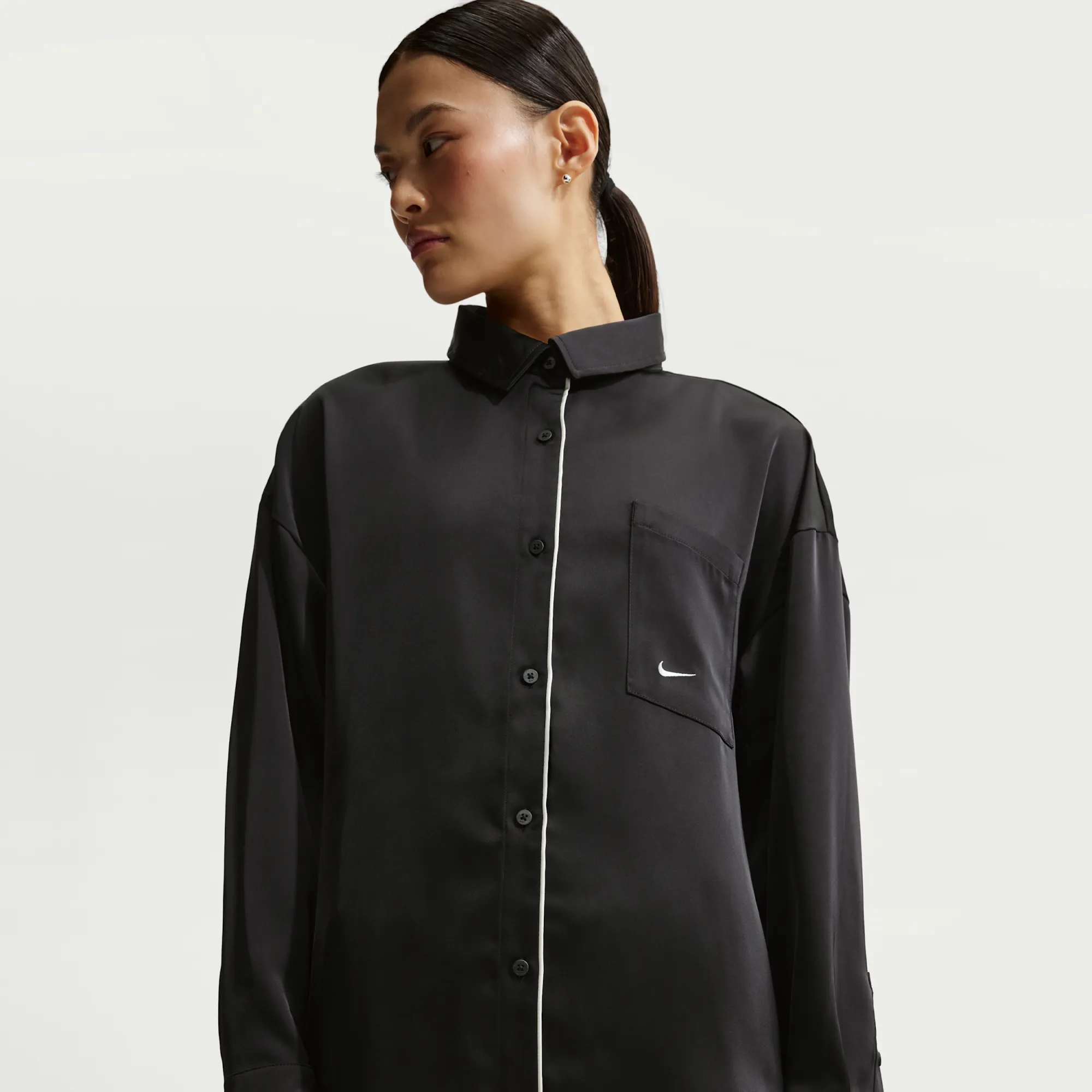 Nike Women's Oversized Satin Long-Sleeve Top - Black - Polyester