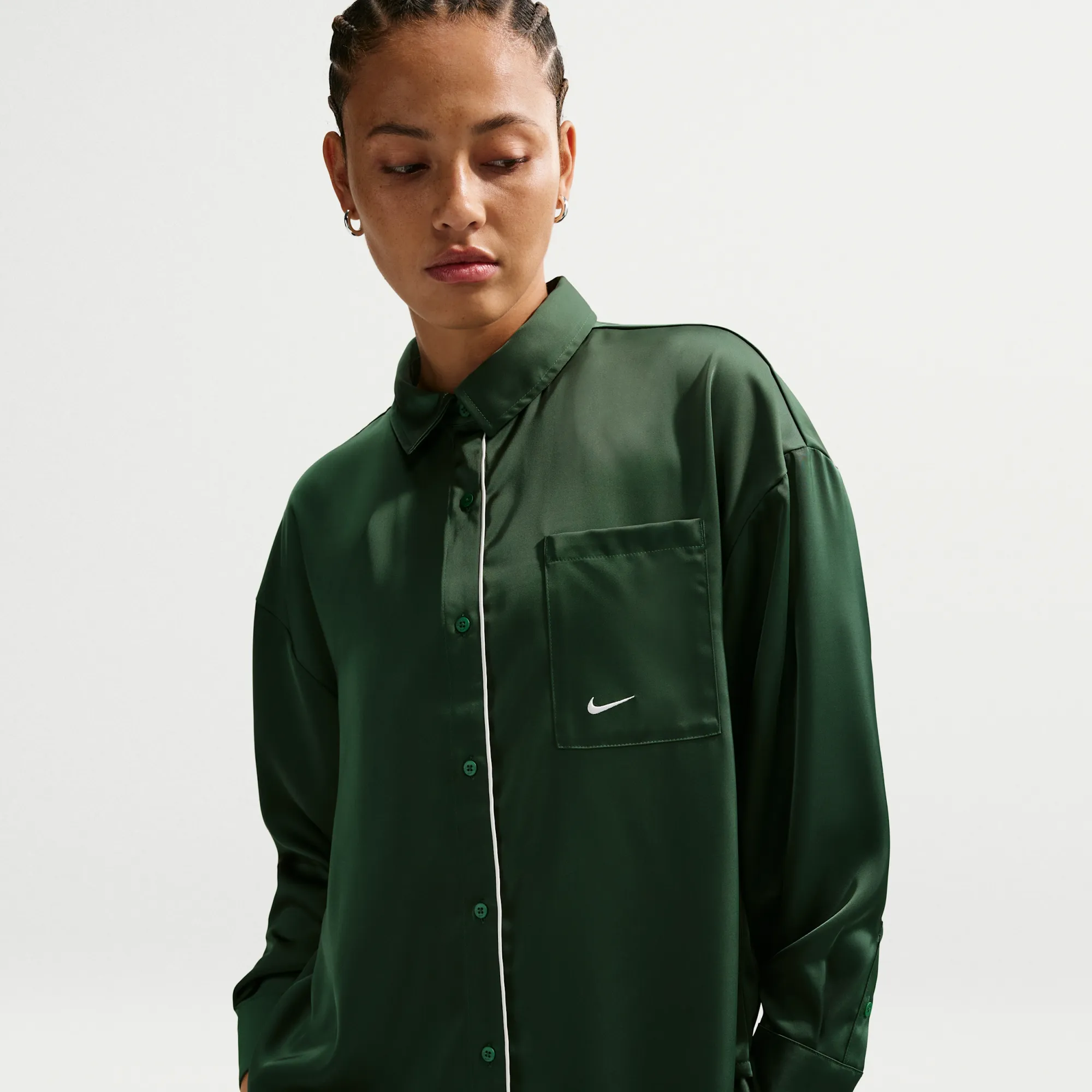 Nike Women's Oversized Satin Long-Sleeve Top - Green - Polyester