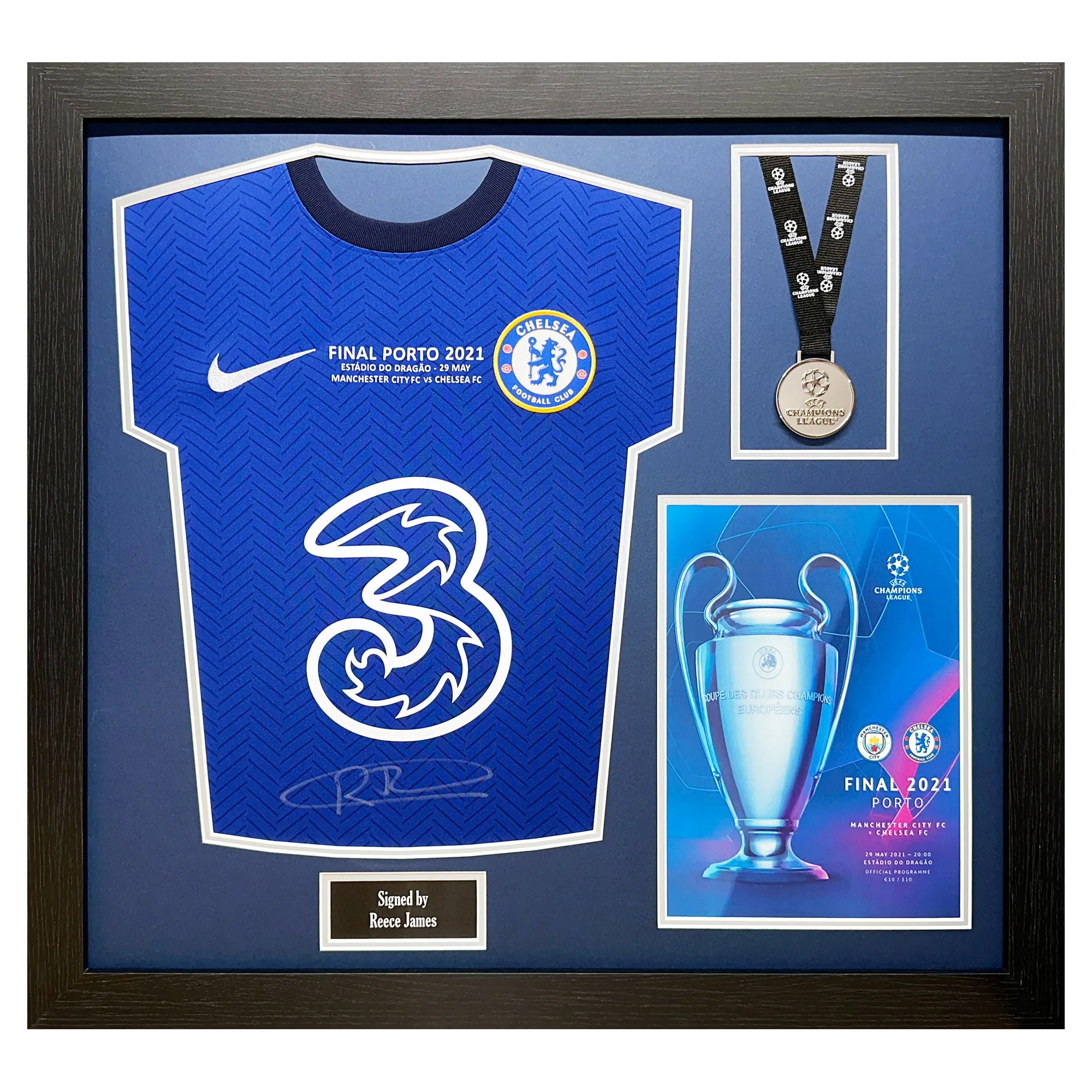 Reece James Signed 2021 Champions League Final Shirt with Medal Display - Framed