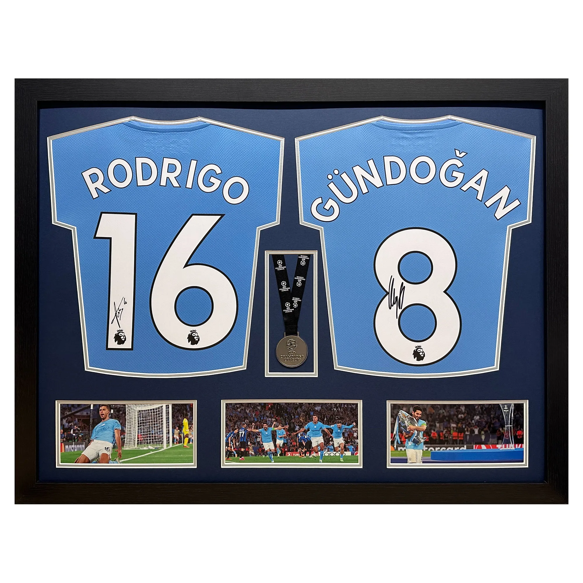 Rodri & Gundogan Double Signed Champions League Shirt with Medal Display - Framed