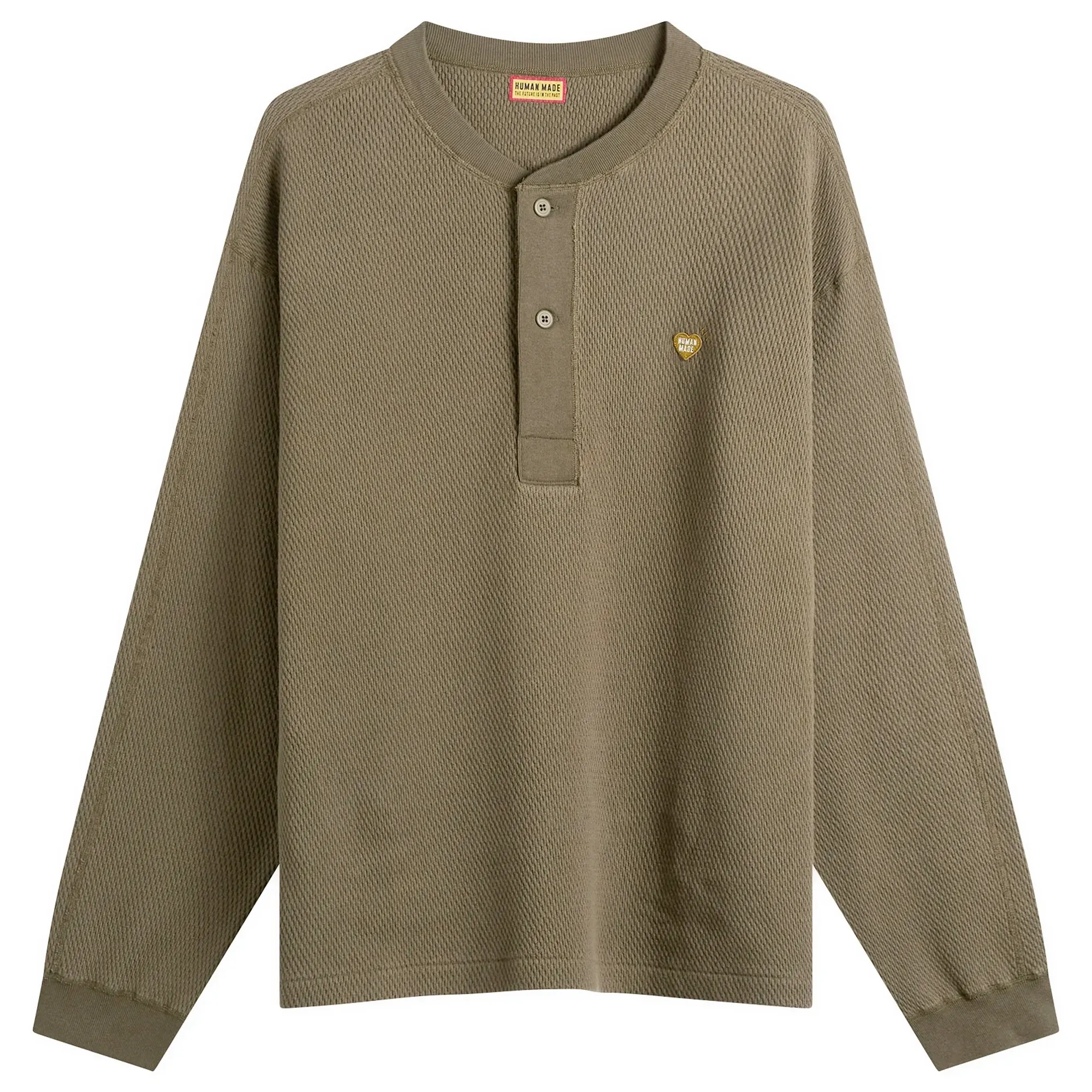Human Made Men's Henley Neck Small Heart Shirt Olive Drab