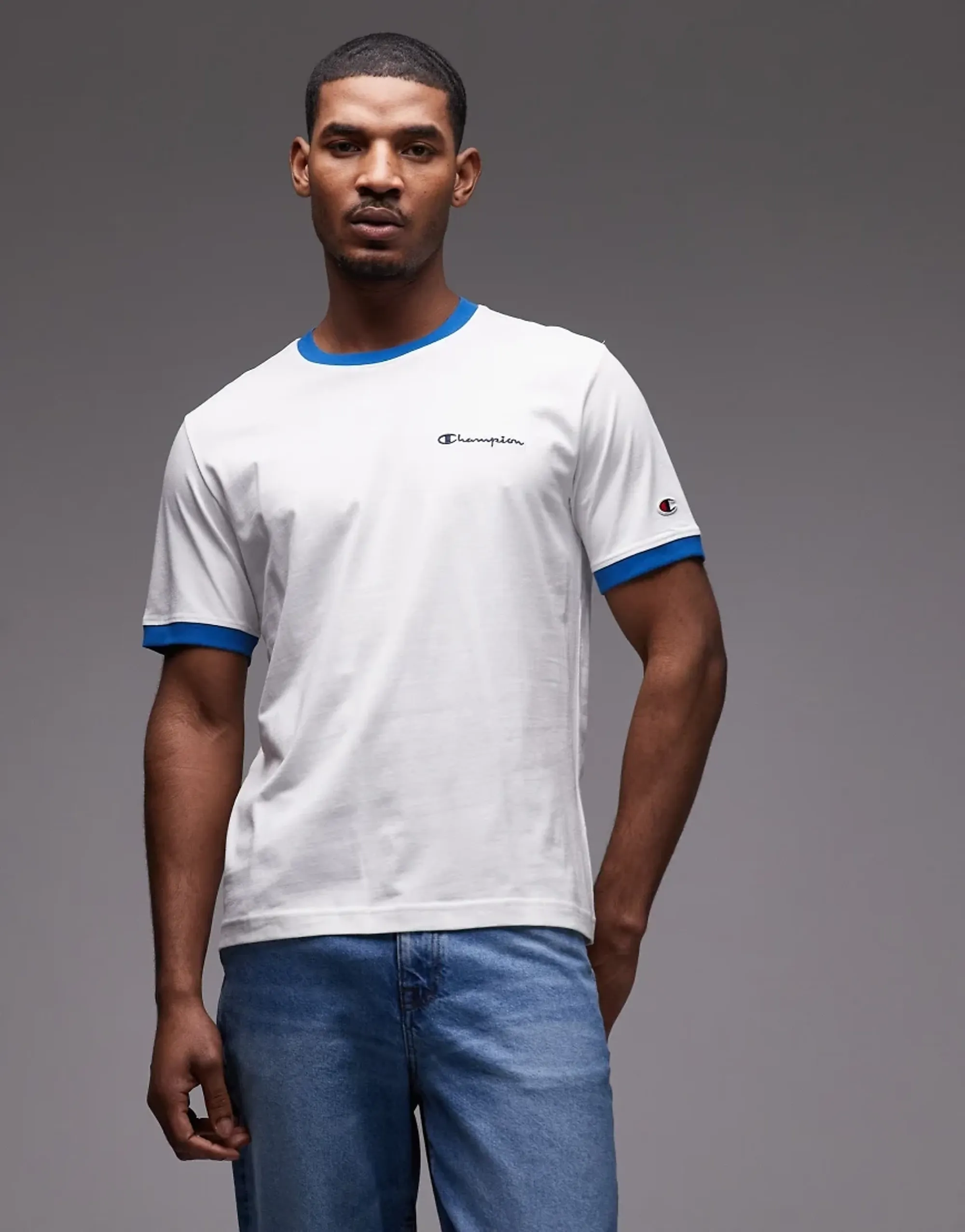 Champion Ringer T-Shirt In White And Blue
