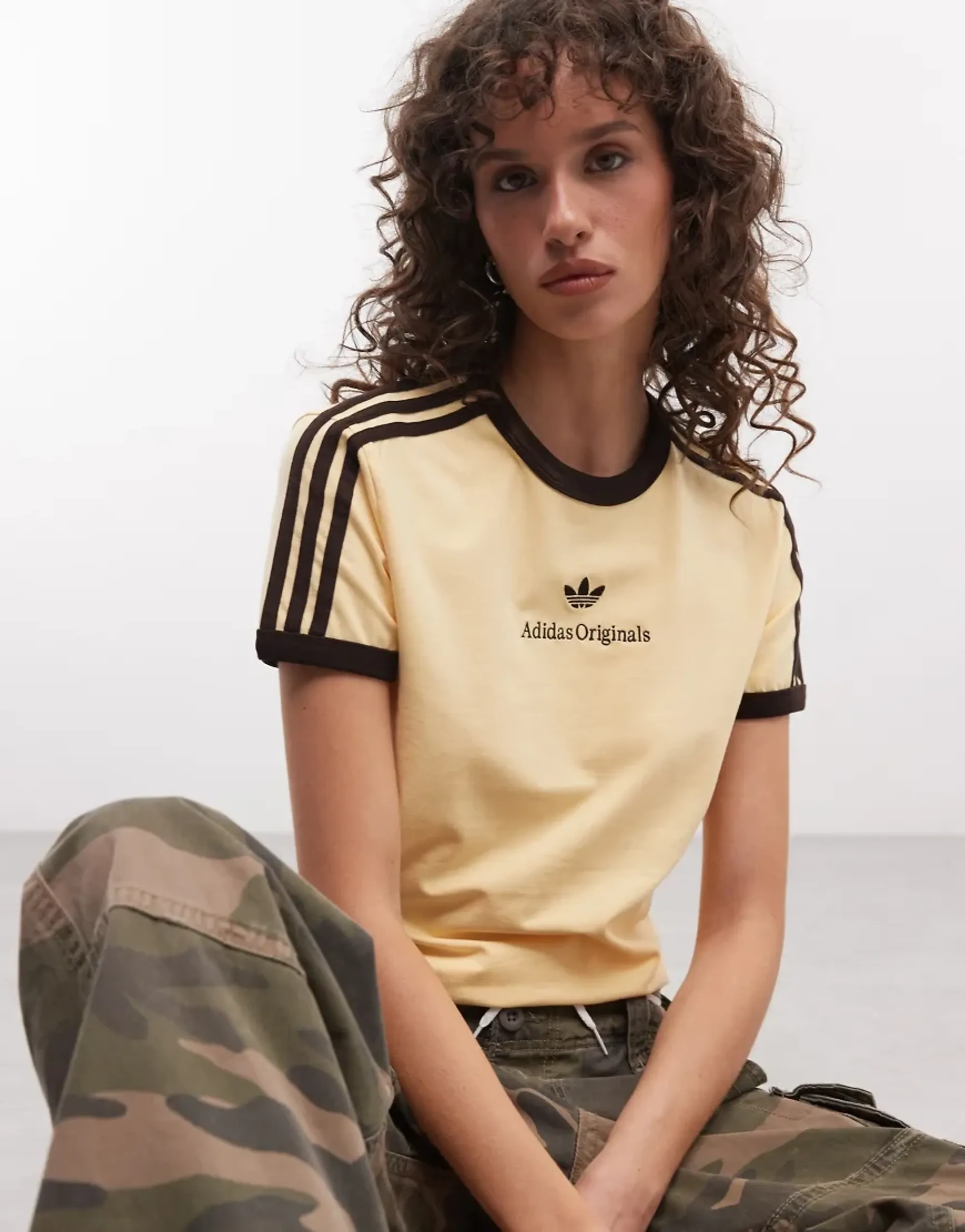 Adidas Originals Three Stripe T-Shirt With Central Retro Logo In Light Yellow