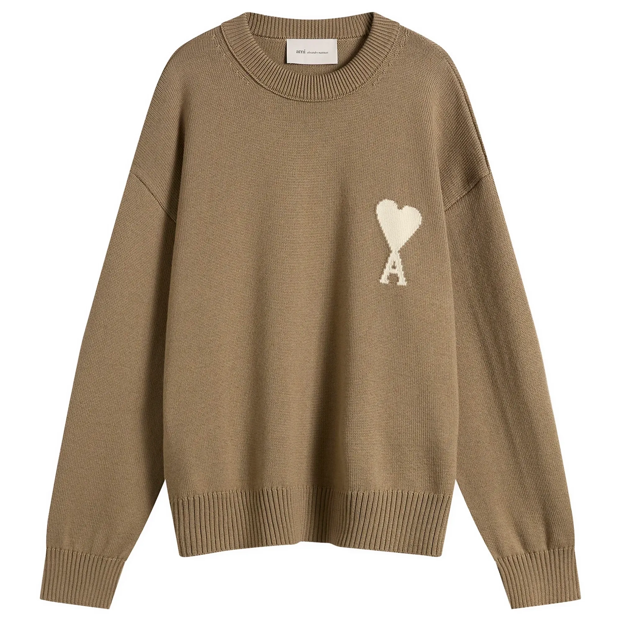 AMI Paris Men's Crewneck Sweater With Contrasted Ami De Coeur Beige Taupe/Ecru