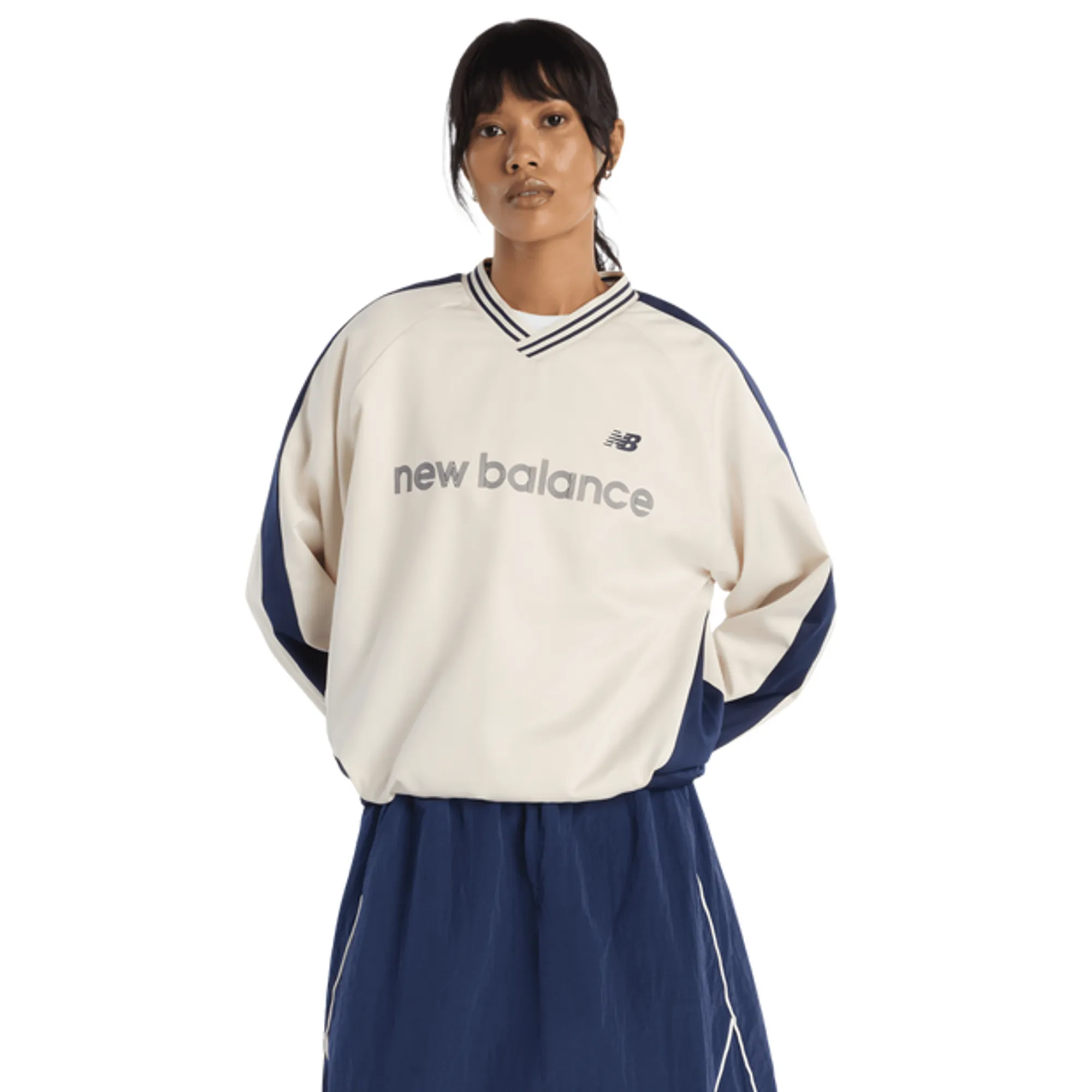 New Balance Women's Satin Woven Pullover in Beige/Blue Nylon Woven