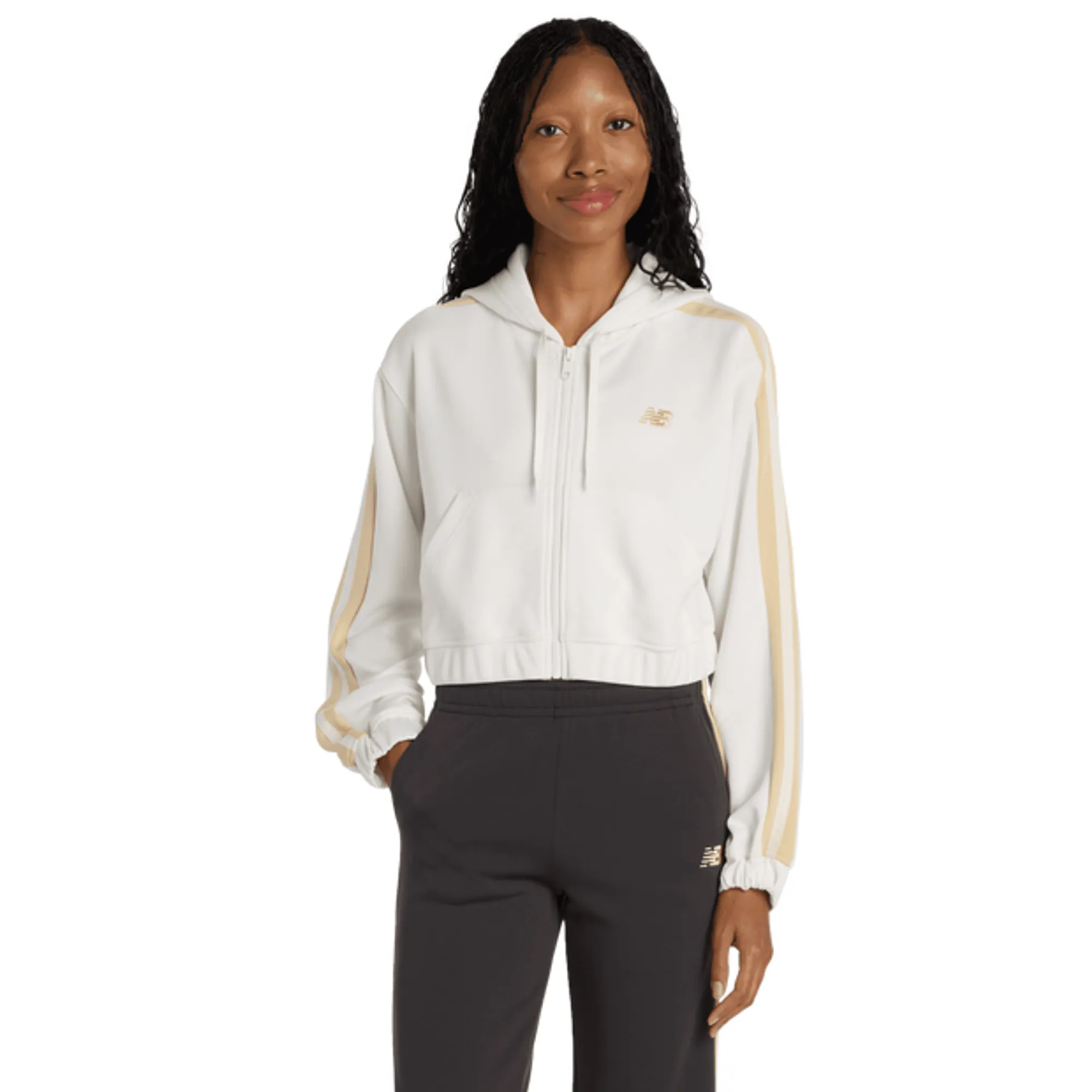 New Balance Women's Interlock Full Zip in White/Black Poly Knit