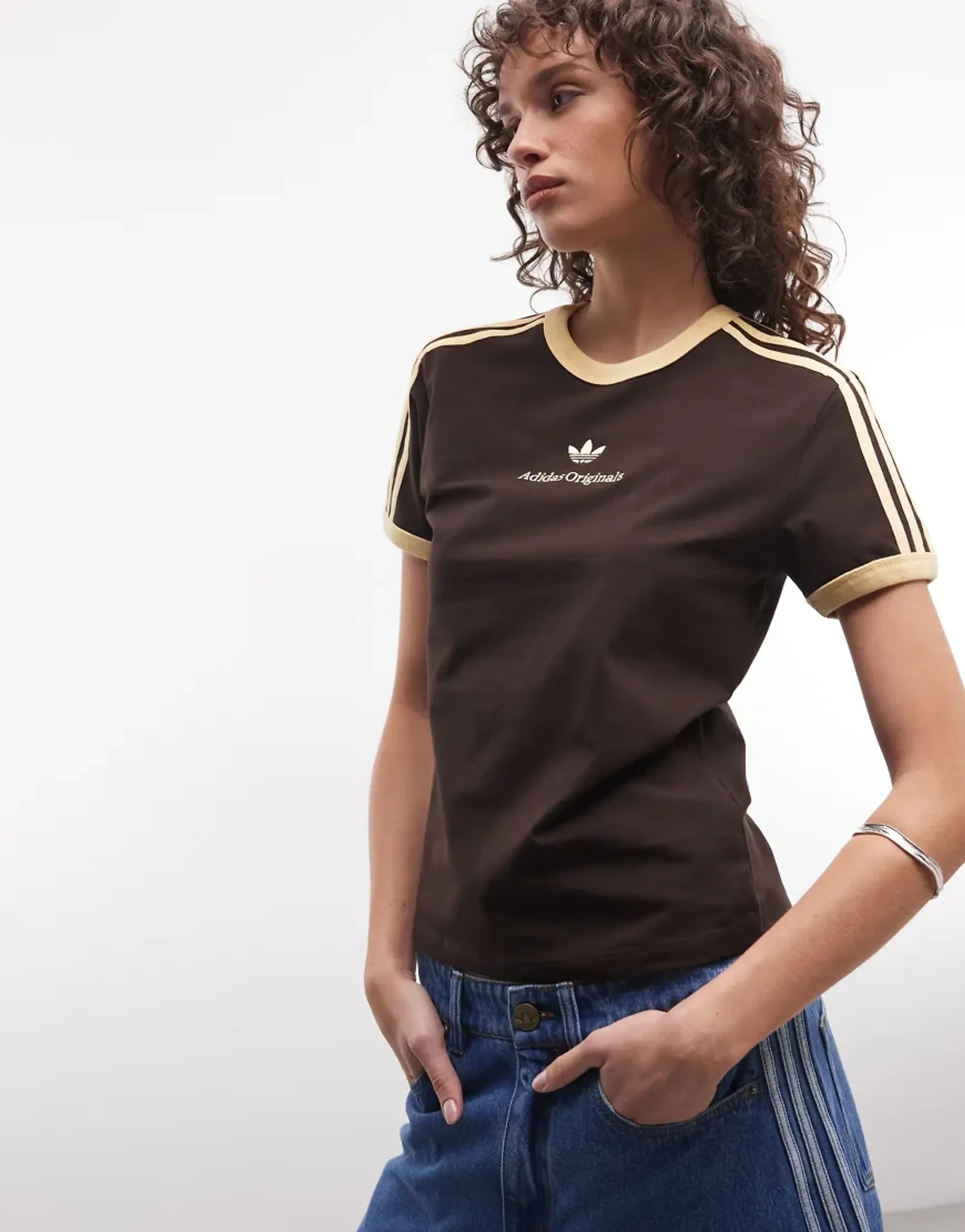 Adidas Originals Three Stripe T-Shirt With Central Retro Logo In Brown