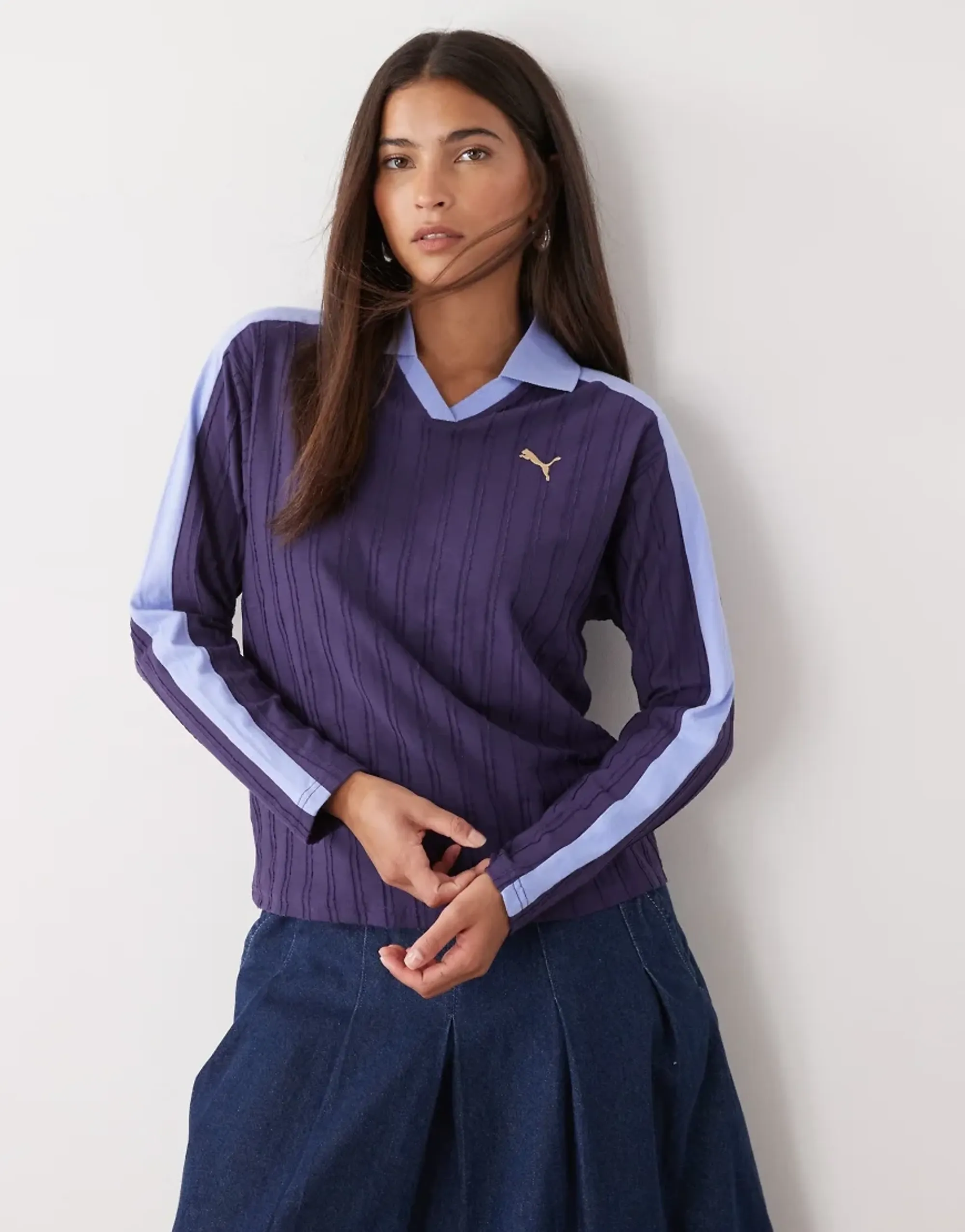 PUMA T7 Relaxed Long Sleeve Polo Women in Purple | Size Large