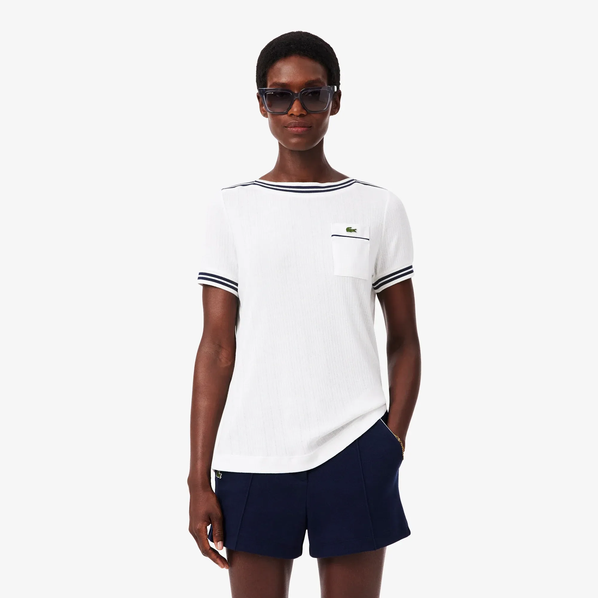 Lacoste French Made Boat Neck T-shirt - White / Navy Blue