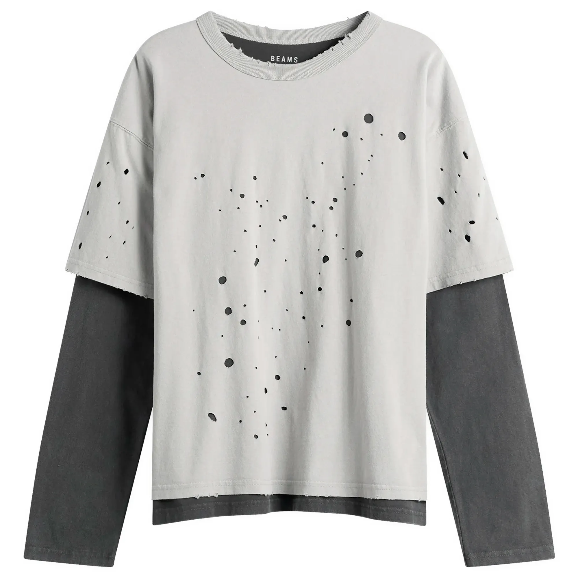 BEAMS Men's Layered Damage Long Sleeve T-Shirt Light Grey ＆ Black
