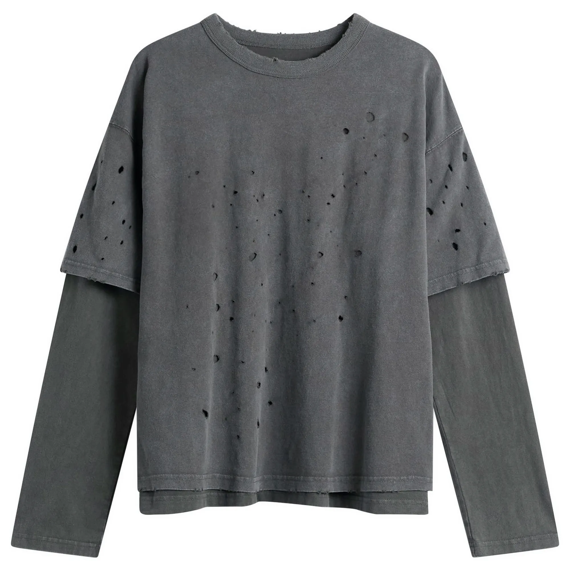 BEAMS Men's Layered Damage Long Sleeve T-Shirt Black/Black