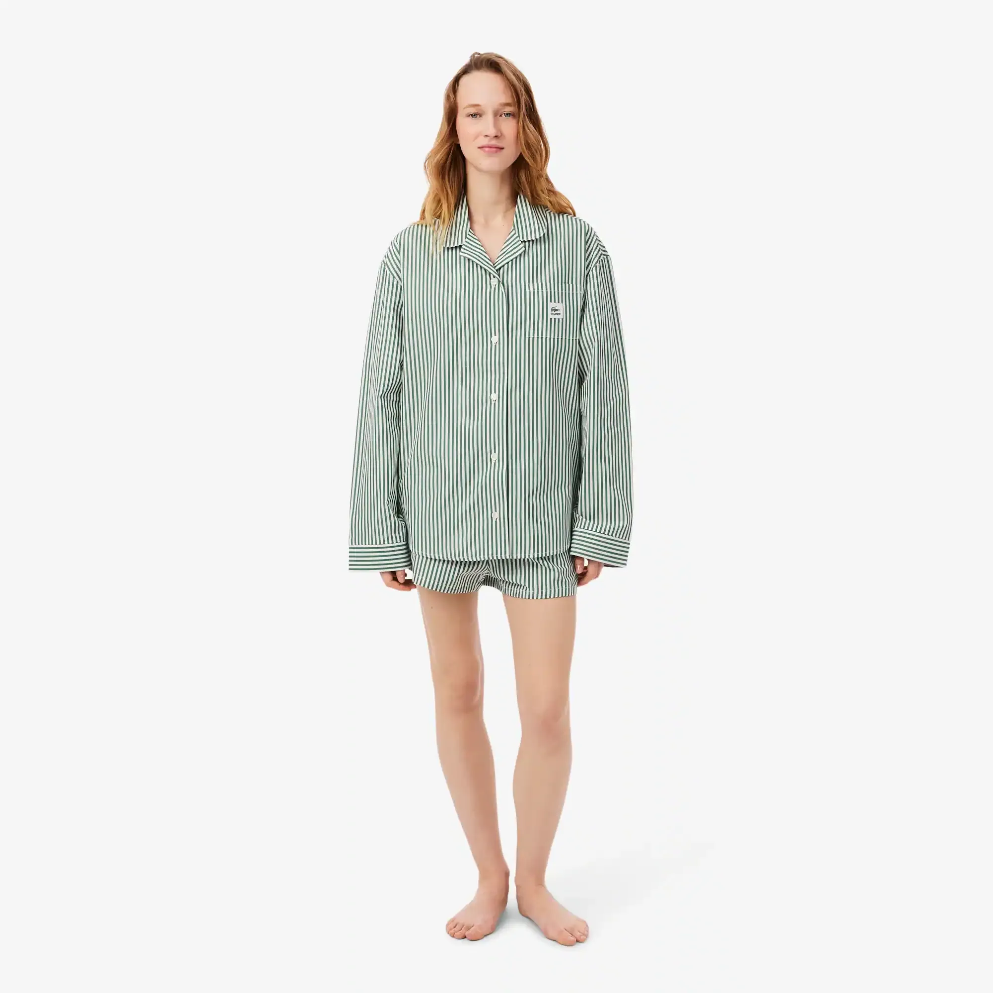 Lacoste Oversized Striped Poplin Pajama Set - Green / White