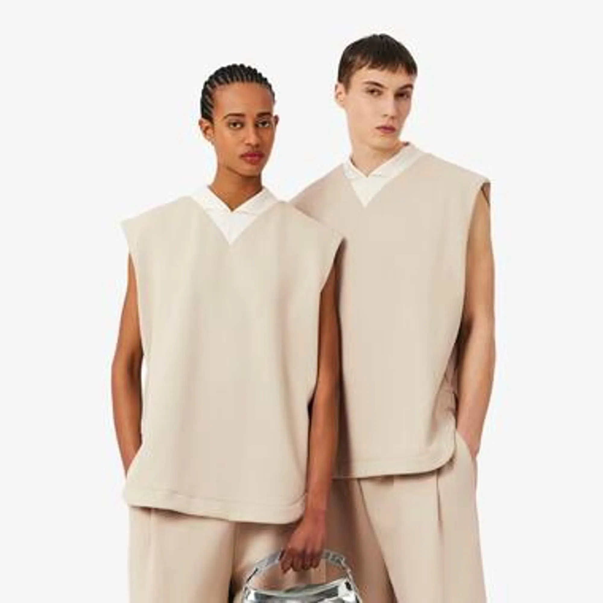 Lacoste Runway Satin Knit V Neck Sleeveless Sweatshirt - Beige