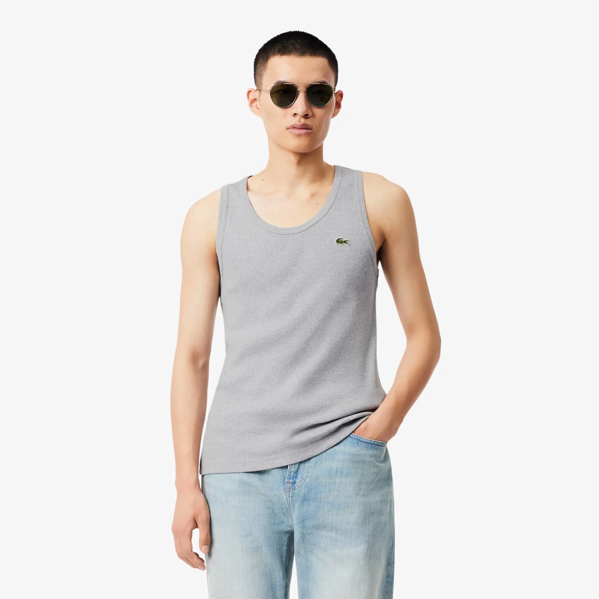 Lacoste Slim Fit Ribbed Cotton Tank Top - Light Heathered Grey