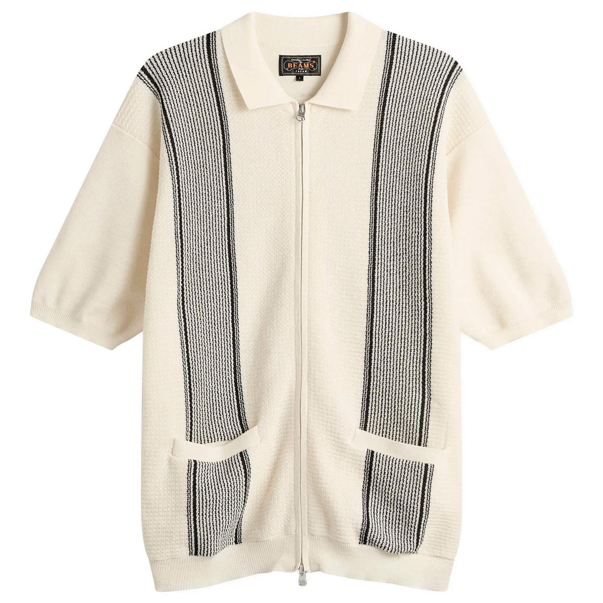 Beams Plus Men's Stripe Zip Knit Polo Off White