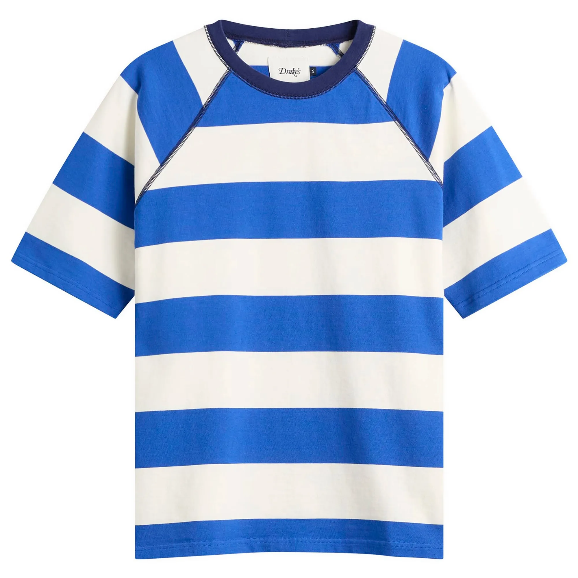 Drake's Men's Block Stripe Raglan T-Shirt White/Blue