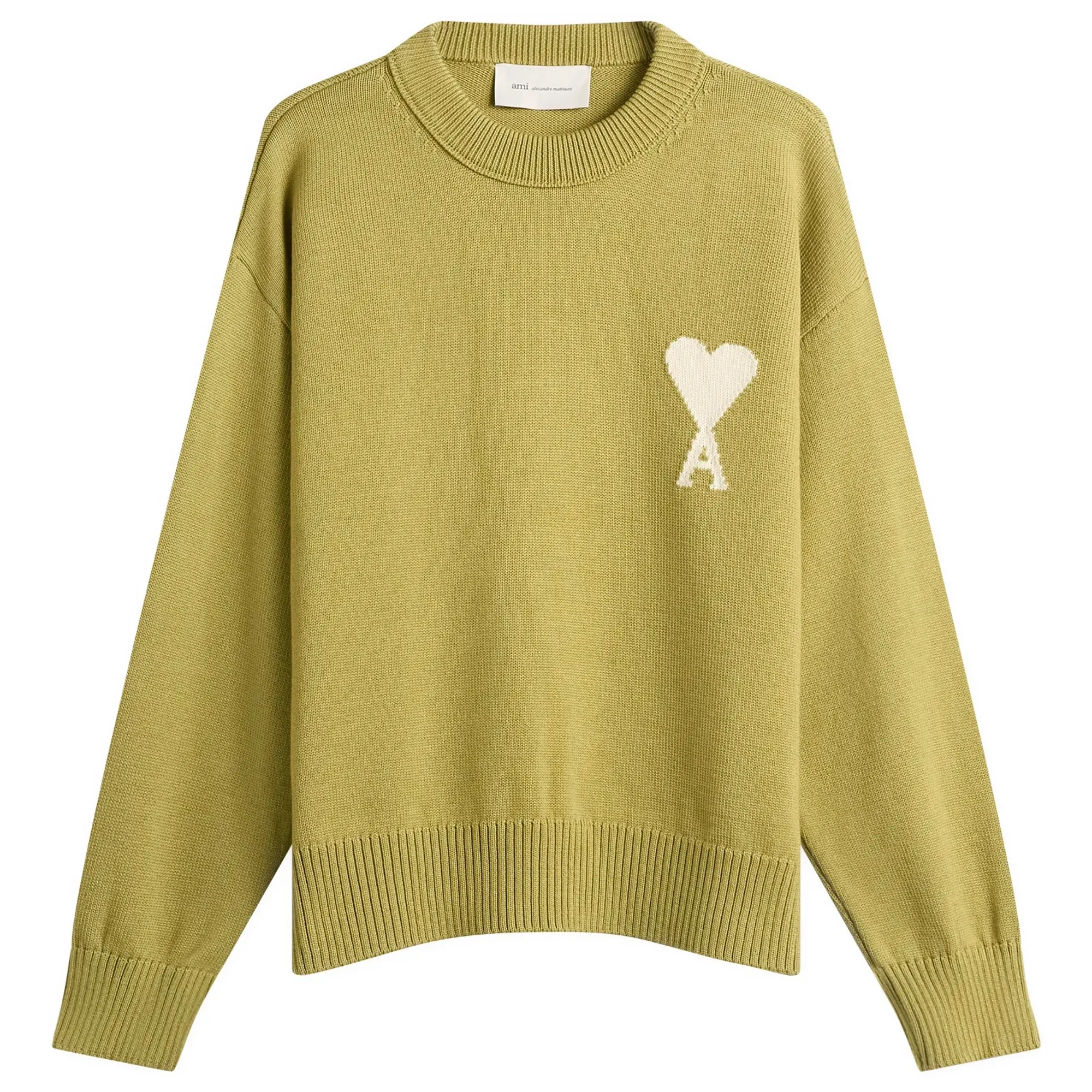 AMI Paris Men's Crewneck Sweater With Contrasted Ami De Coeur Matcha/Ecru
