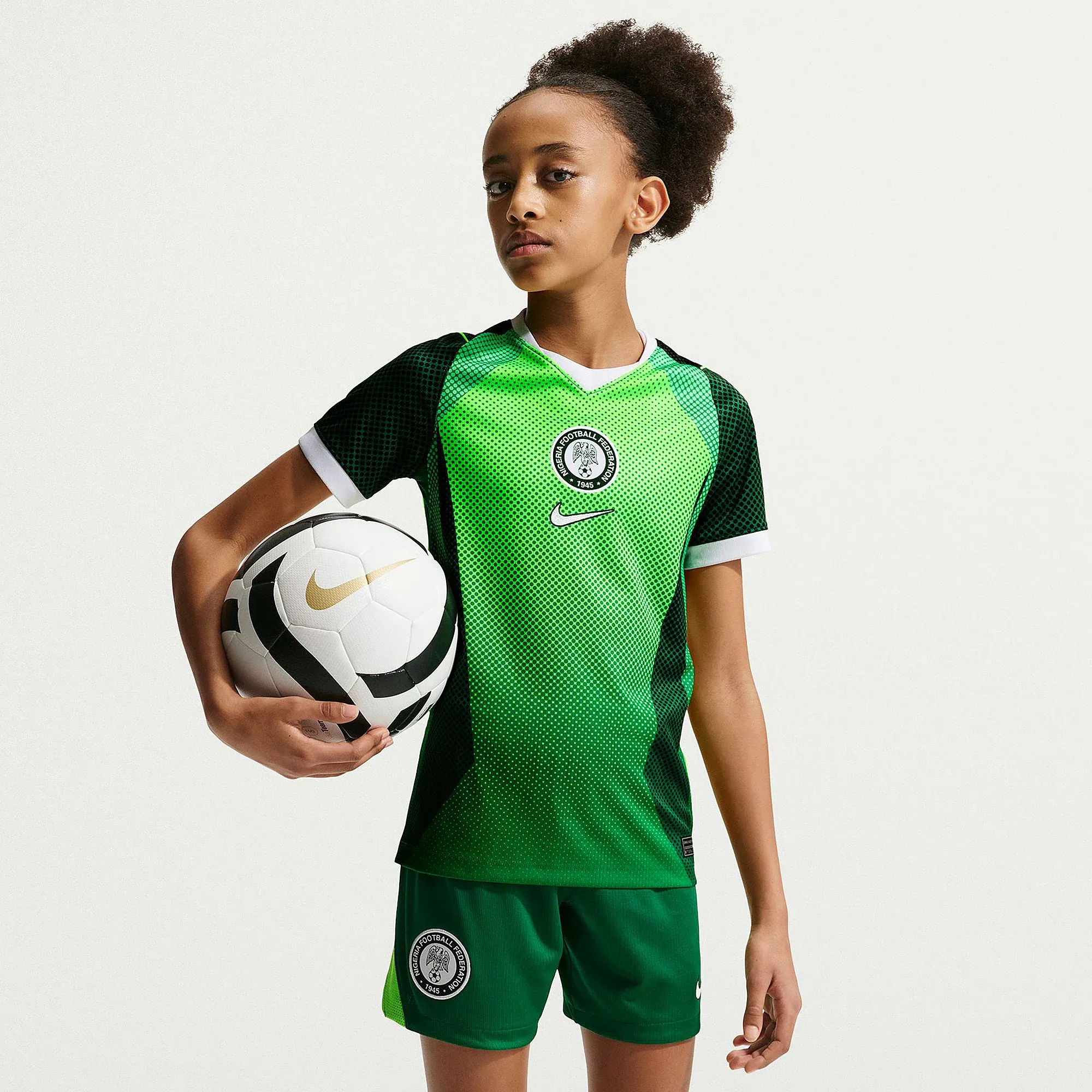 Nike Nigeria 2026 Kids Dri FIT Stadium Home Shirt Pine Green Electric Green White