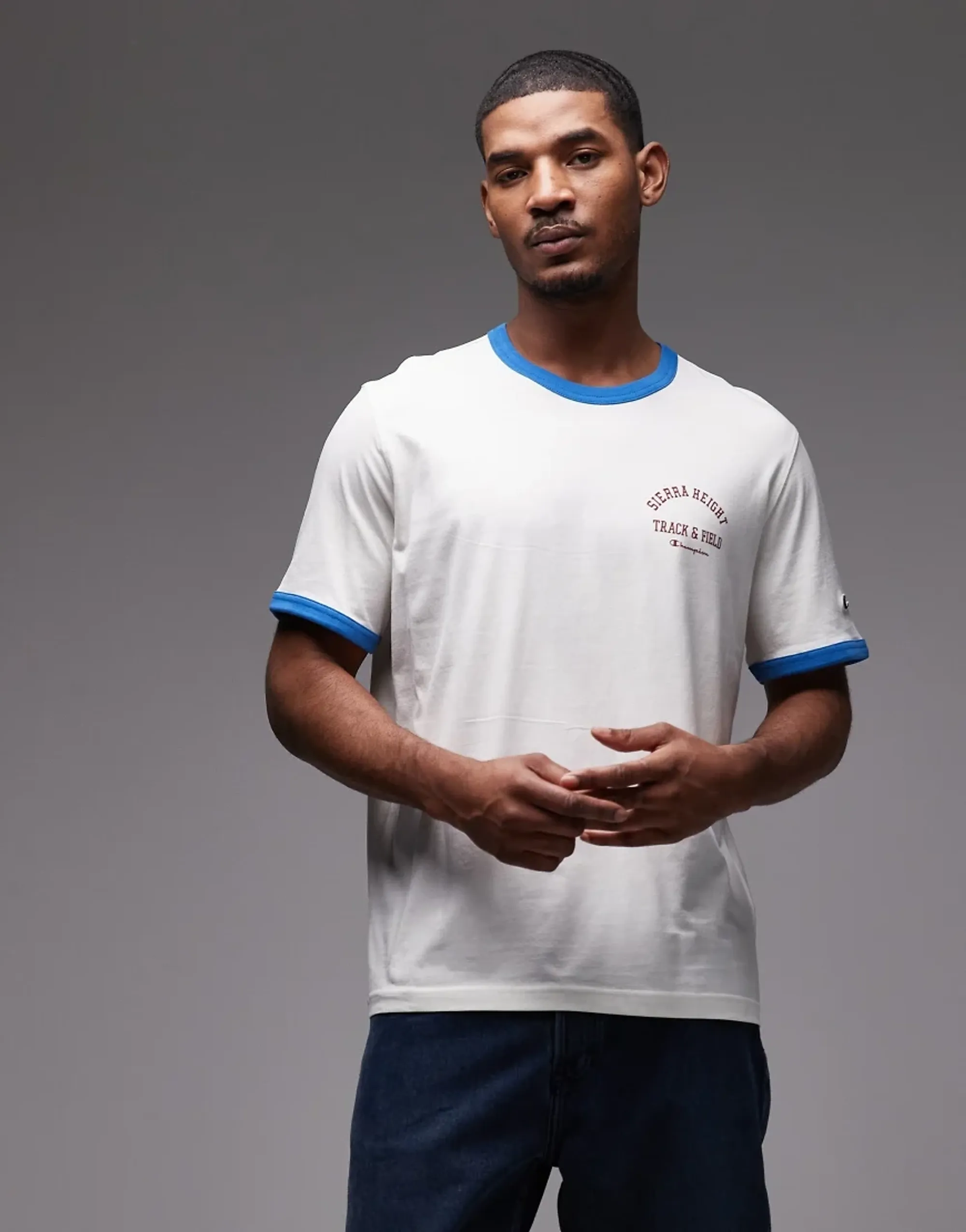 Champion Ringer Graphic T-Shirt In Off-White And Blue